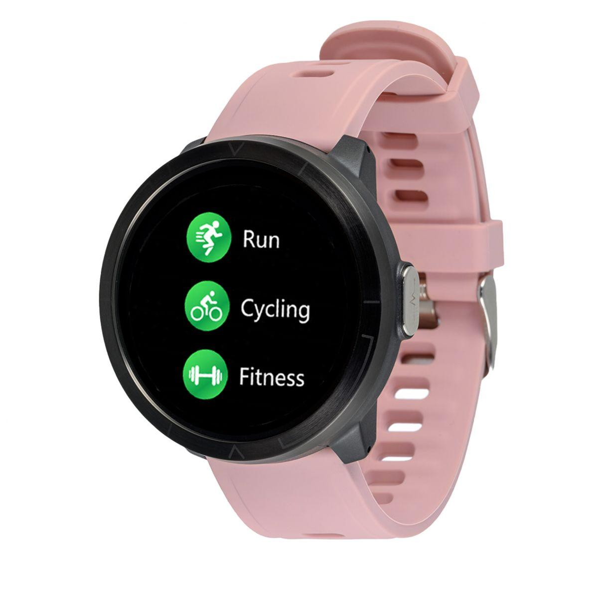 Różowy smartwatch pokazujący ikony biegania, jazdy na rowerze i fitness. Zegarek ma czarną ramkę.