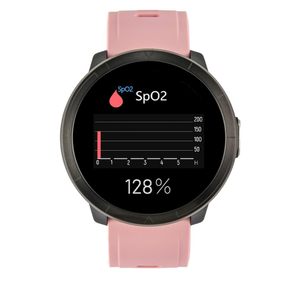Smartwatch z różowym paskiem wyświetlający dane SpO2 i tętna. Zegarek jest czarny, a tło białe.