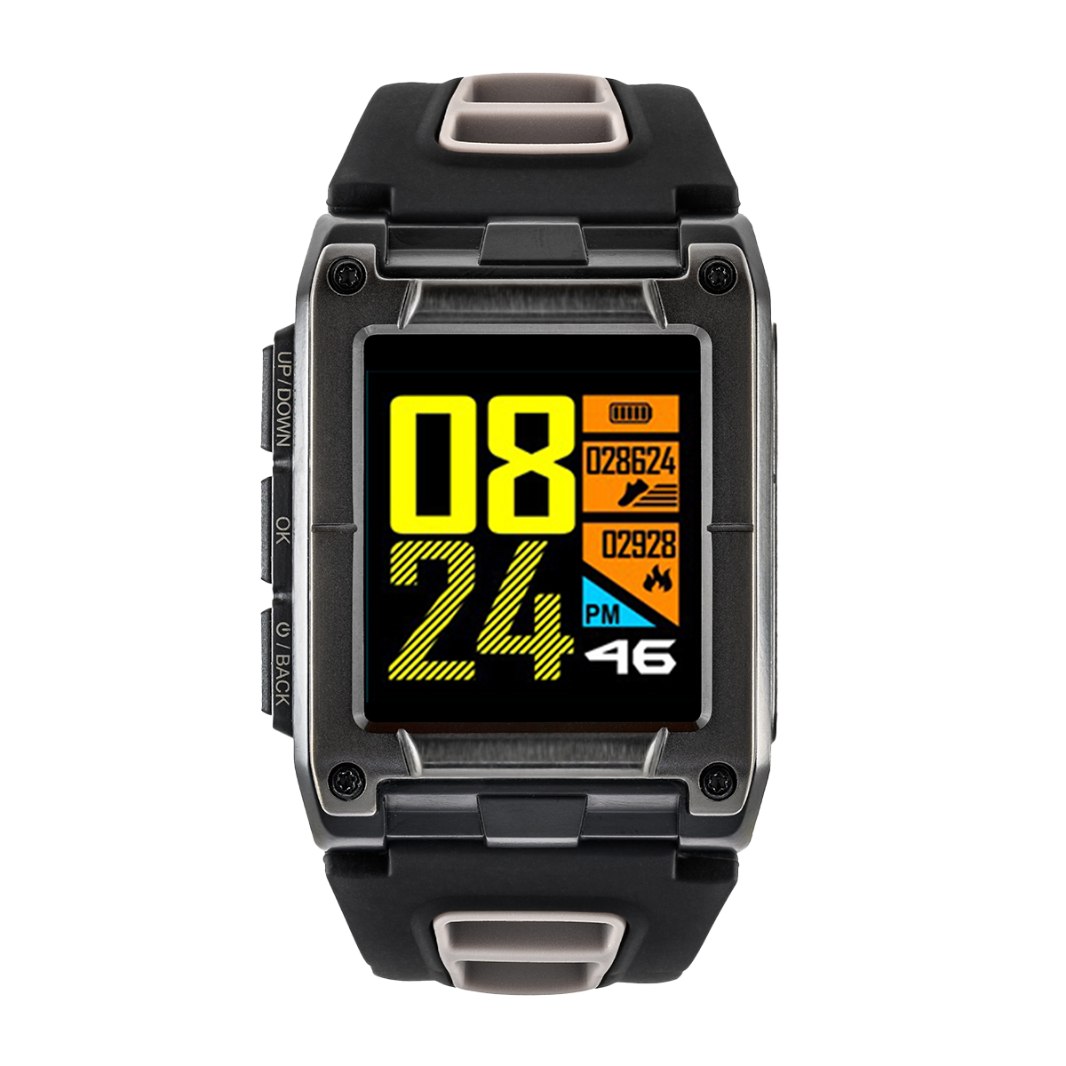 Smartwatch mit digitaler Anzeige mit Zahlen, Zeit und Akku. Die Uhr befindet sich an einem schwarzen Armband.