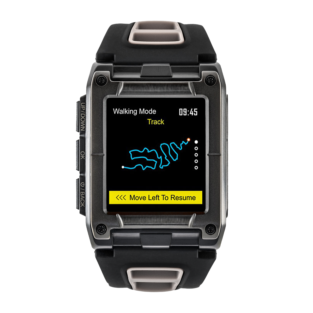 Eine schwarz-graue Smartwatch mit einem Bildschirm, der eine Karte und die Uhrzeit anzeigt.