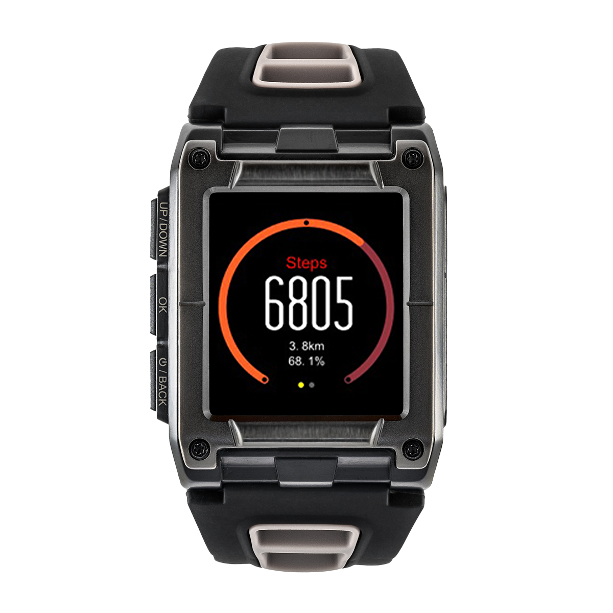 Schwarz-graue Smartwatch, die Schritte, Entfernung und Prozentsatz anzeigt. Knöpfe sind an den Seiten.