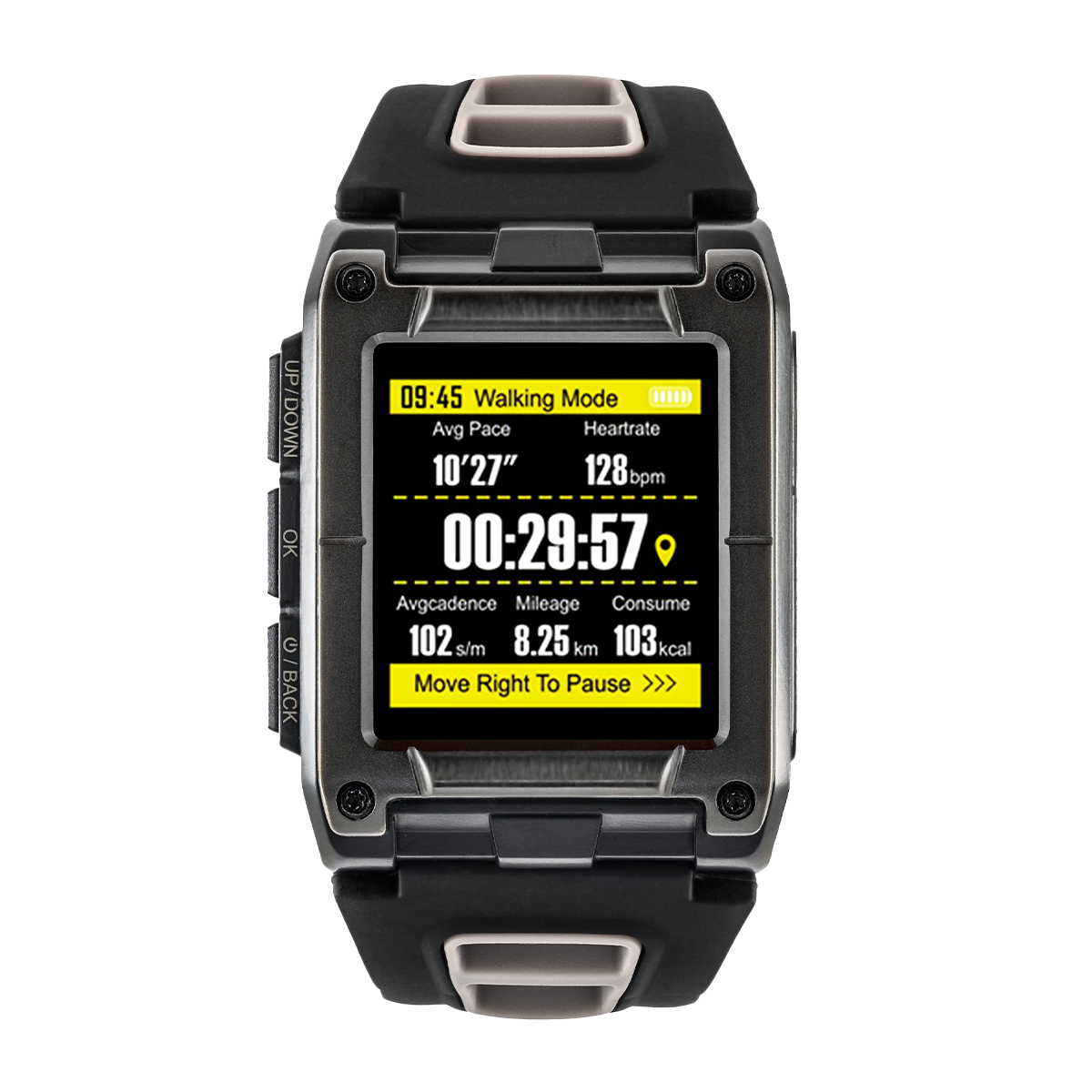 Smartwatch zeigt Gehmodus mit Statistiken. Schwarz-graues Design.