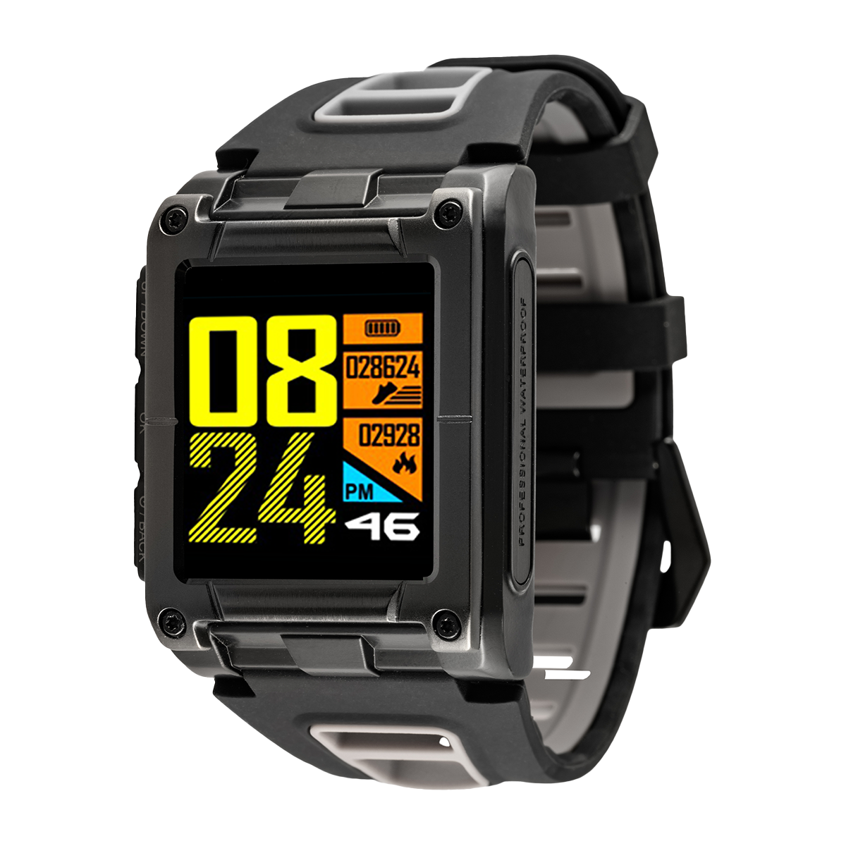 Schwarze und graue Smartwatch mit digitaler Anzeige. Der Hintergrund ist weiß.