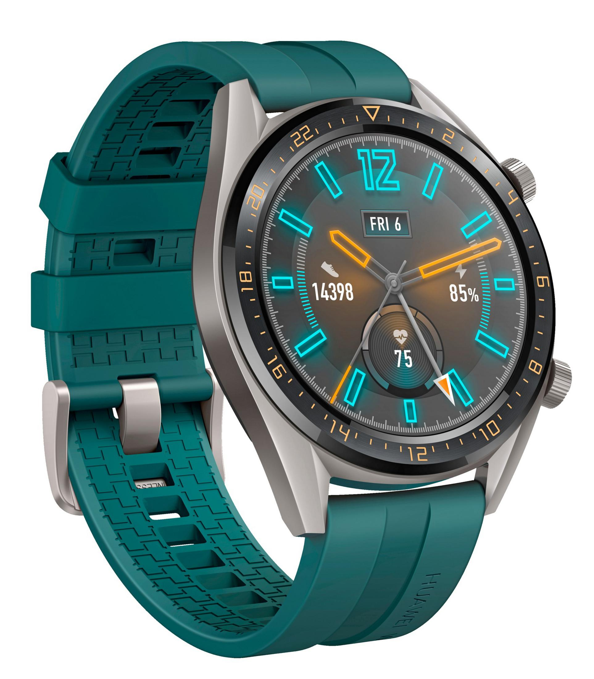 Smartwatch con correa verde azulado. La esfera muestra hora, fecha y datos de salud.