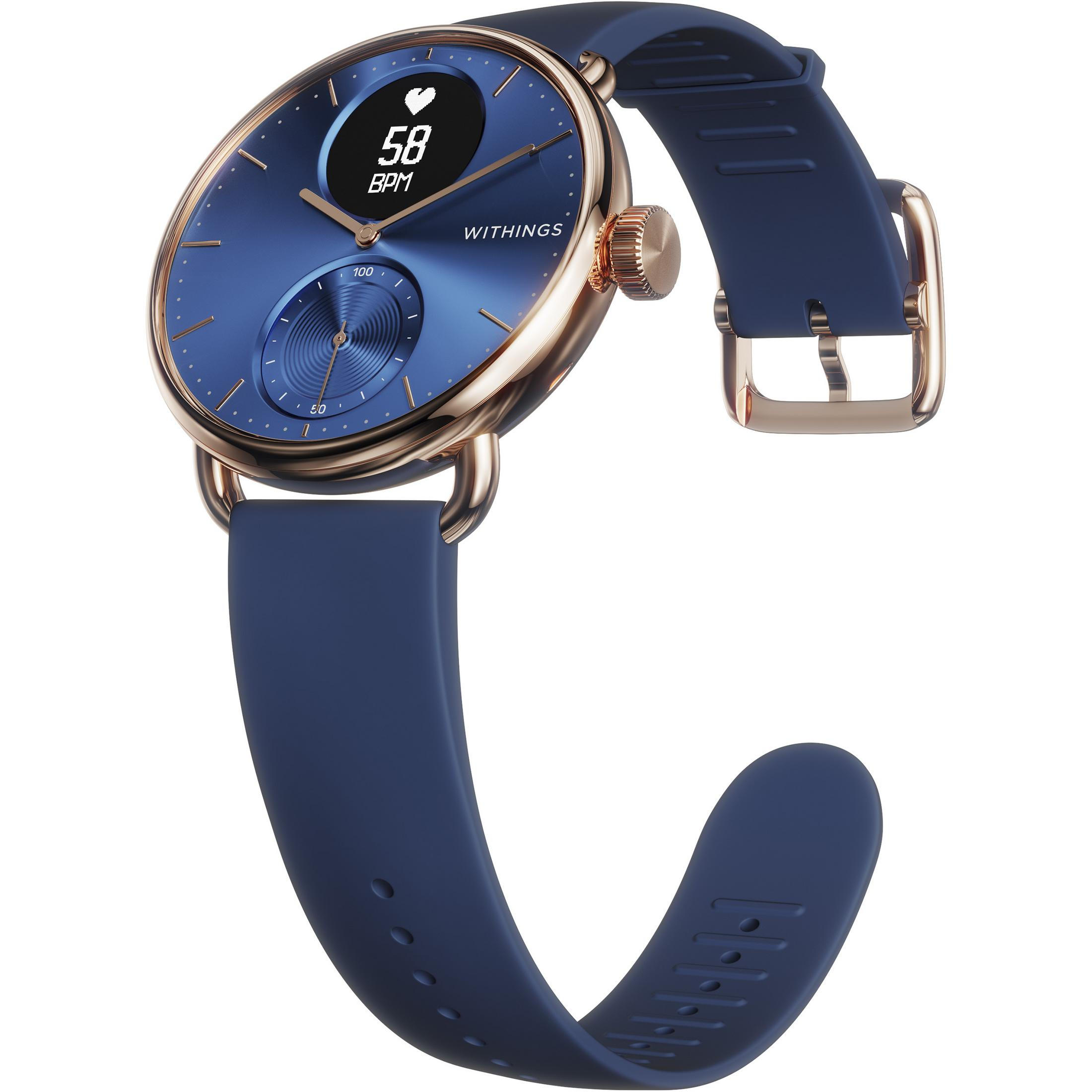 Blaue Smartwatch mit roségoldenen Akzenten. Zeigt Herzfrequenz und Zeit. Blauer Riemen. Weißer Hintergrund.