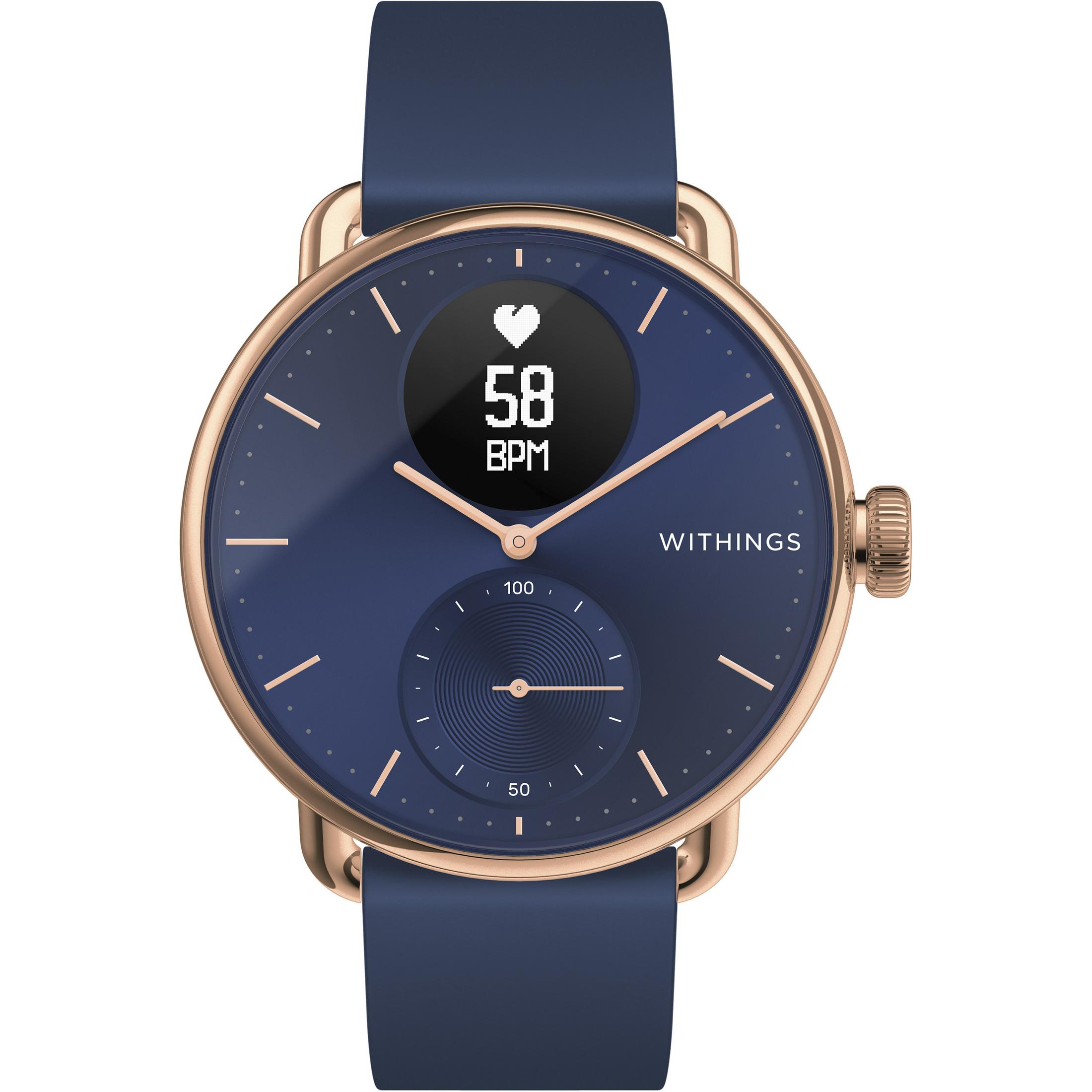 Blaue Smartwatch mit goldenem Rahmen. Die Uhr zeigt die Herzfrequenz (58 BPM).