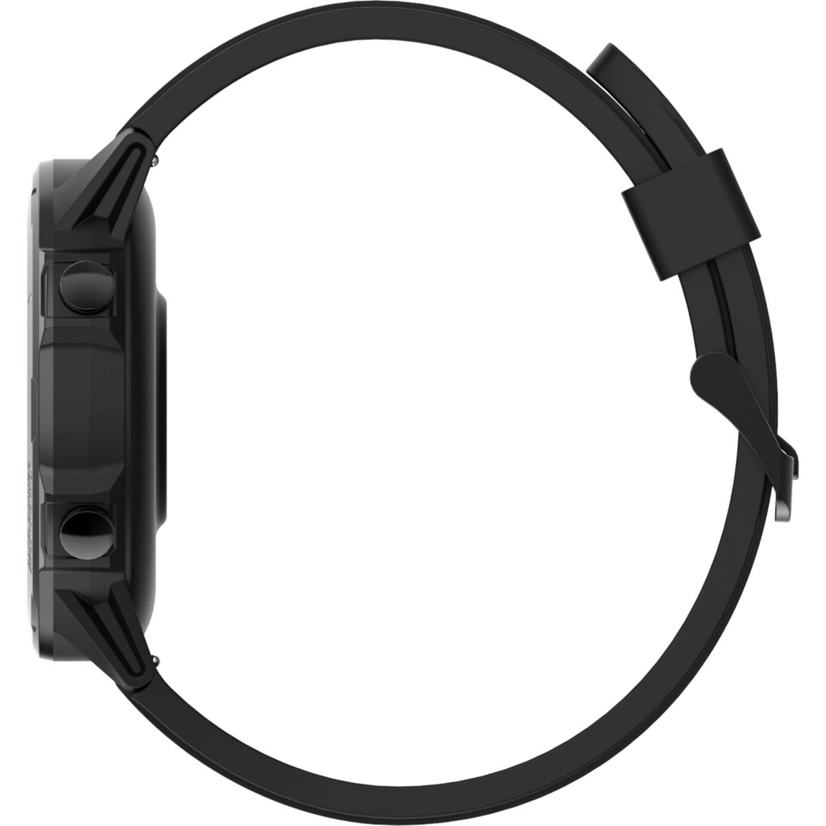 Vista lateral de un reloj inteligente negro con correa de goma negra.