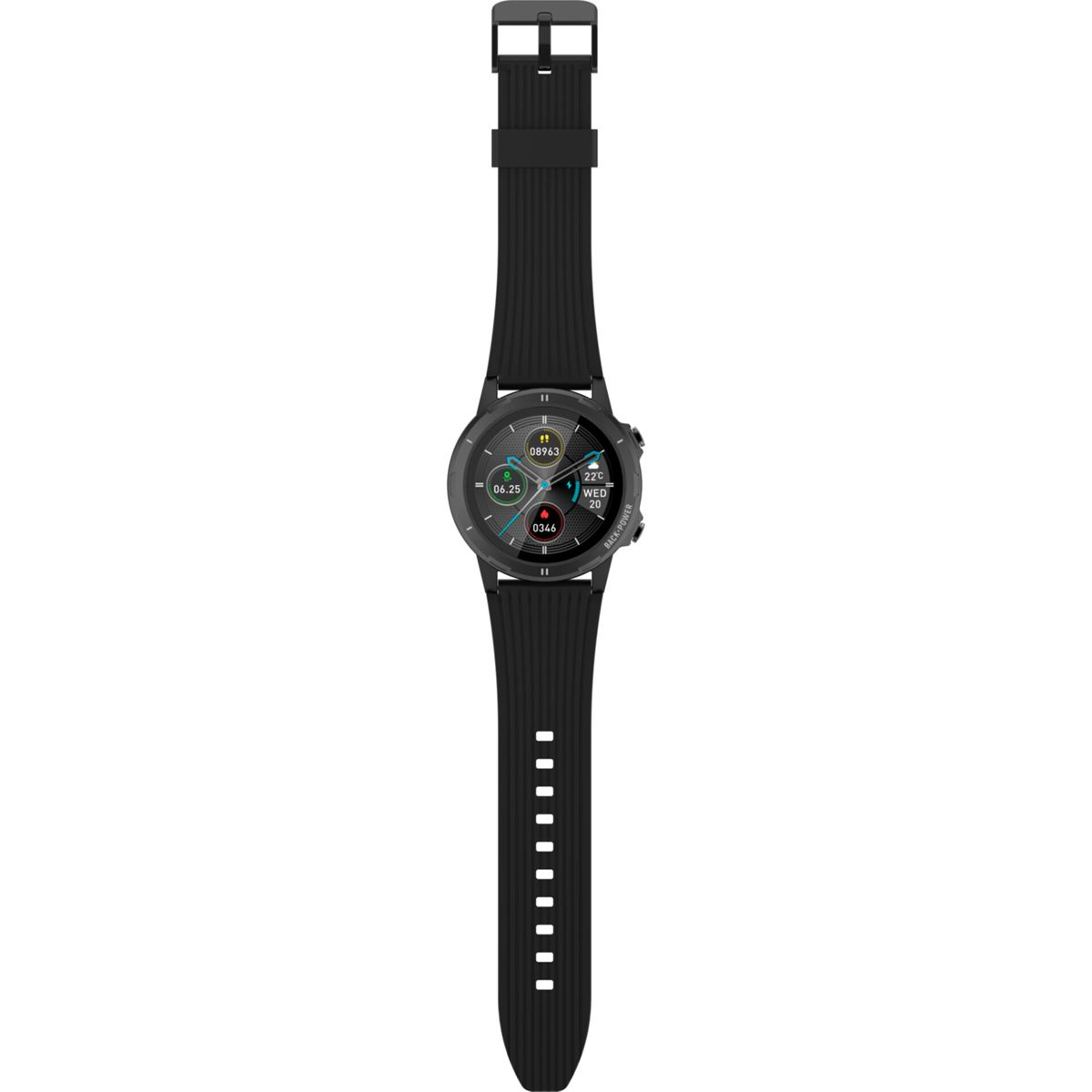 Smartwatch negra con correa negra. Muestra la hora y la frecuencia cardíaca.