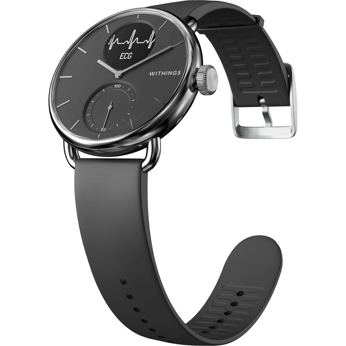 Dunkelgraue Smartwatch mit schwarzem Armband, EKG-Anzeige auf dem Bildschirm.