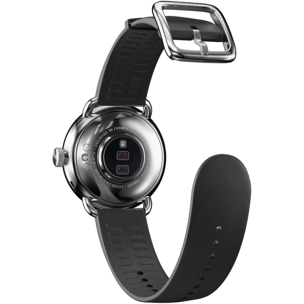 Eine silberne Uhr mit schwarzem Armband. Die Rückseite der Uhr ist sichtbar.