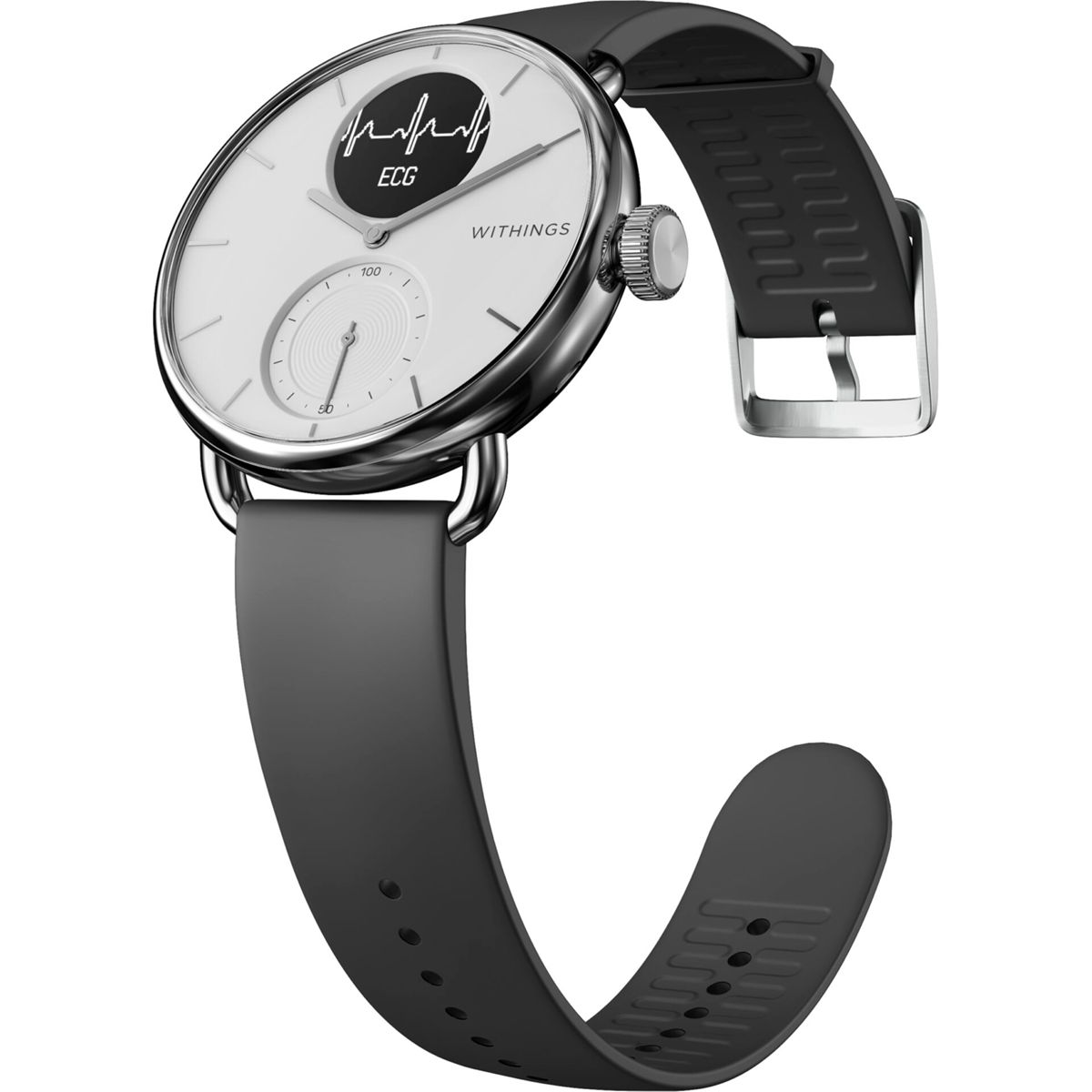Eine silber-schwarze Withings-Uhr mit weißem Zifferblatt. Die Uhr hat ein graues Armband. Ein EKG ist auf dem Zifferblatt.