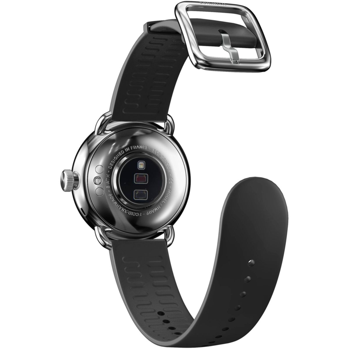 Schwarze Smartwatch mit schwarzem Armband. Rückansicht mit Herzfrequenzsensor und Schnalle.