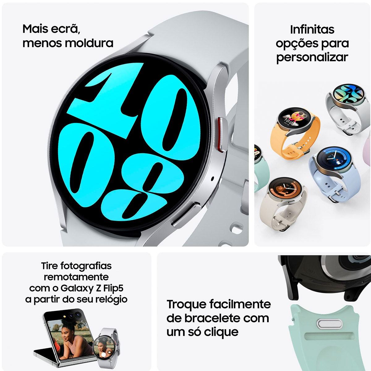 Smartwatch con múltiples esferas y correas mostradas, más un teléfono que muestra una foto.