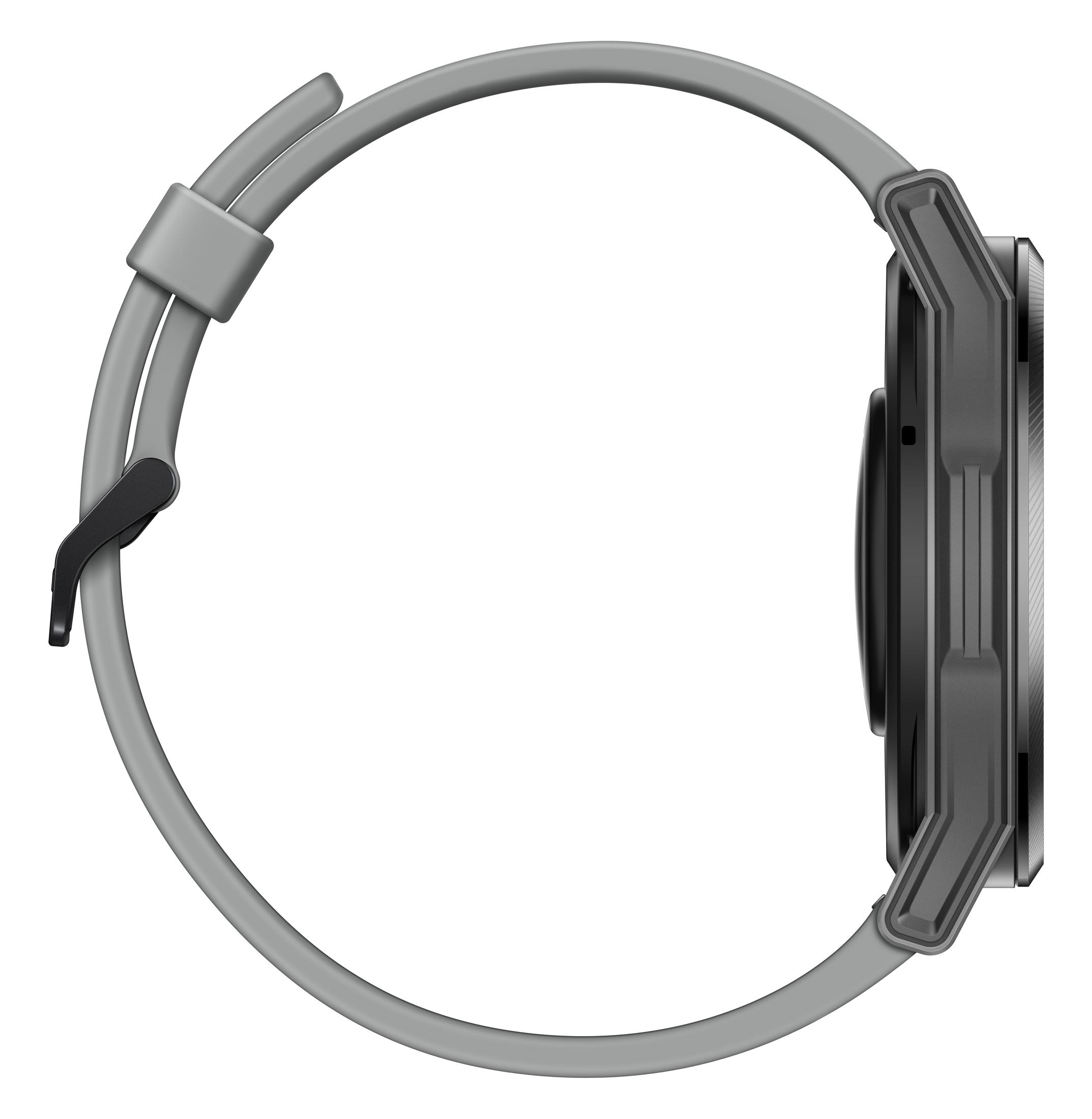 Seitenansicht einer grauen Smartwatch mit grauem Armband. Die Uhr hat einen kreisförmigen Bildschirm.