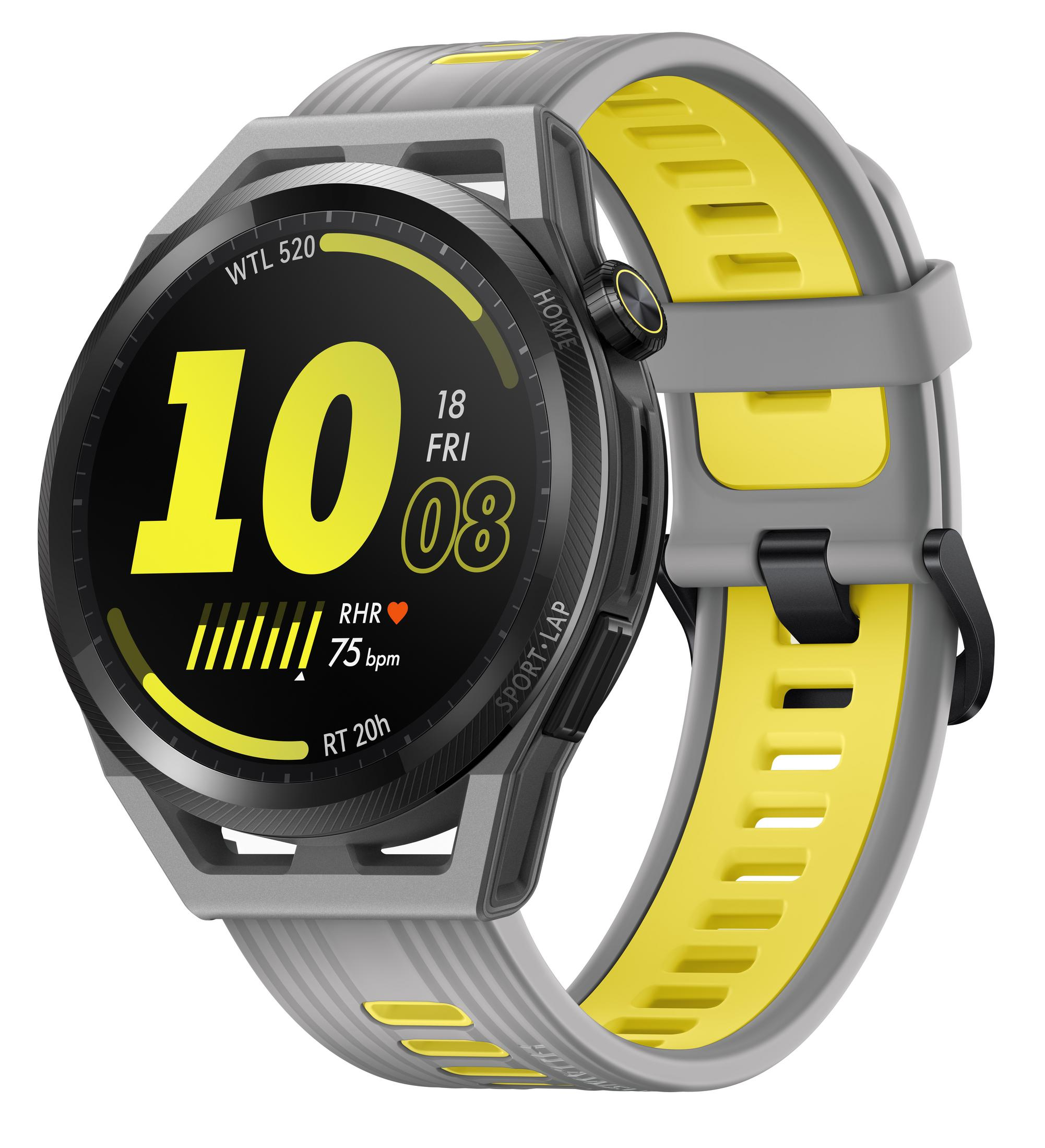 Smartwatch mit gelbem Armband, das Zahlen und Herzfrequenzdaten anzeigt. Die Uhr ist grau und schwarz.