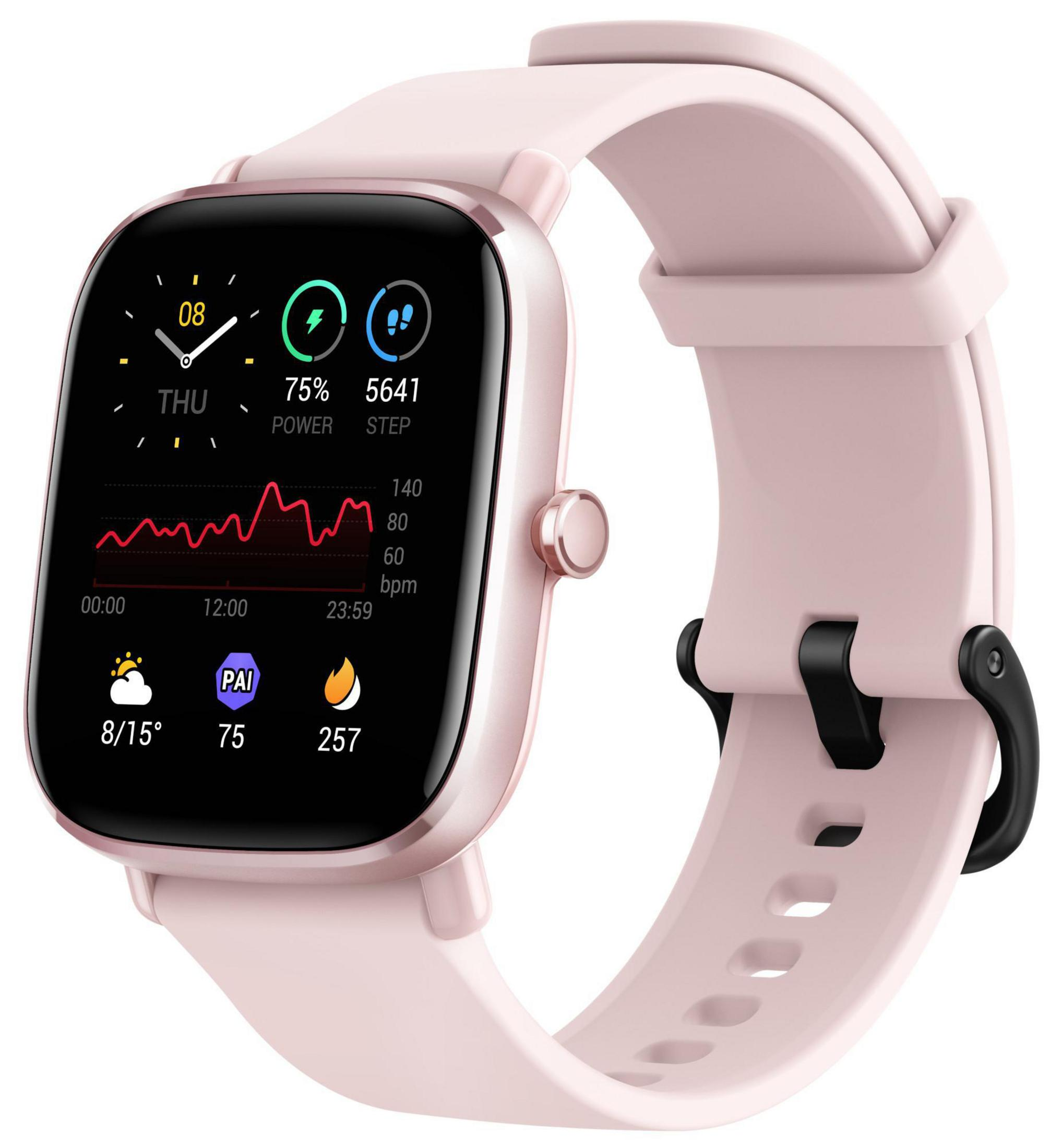 Smartwatch rosa con schermo quadrato che mostra dati e cinturino rosa.