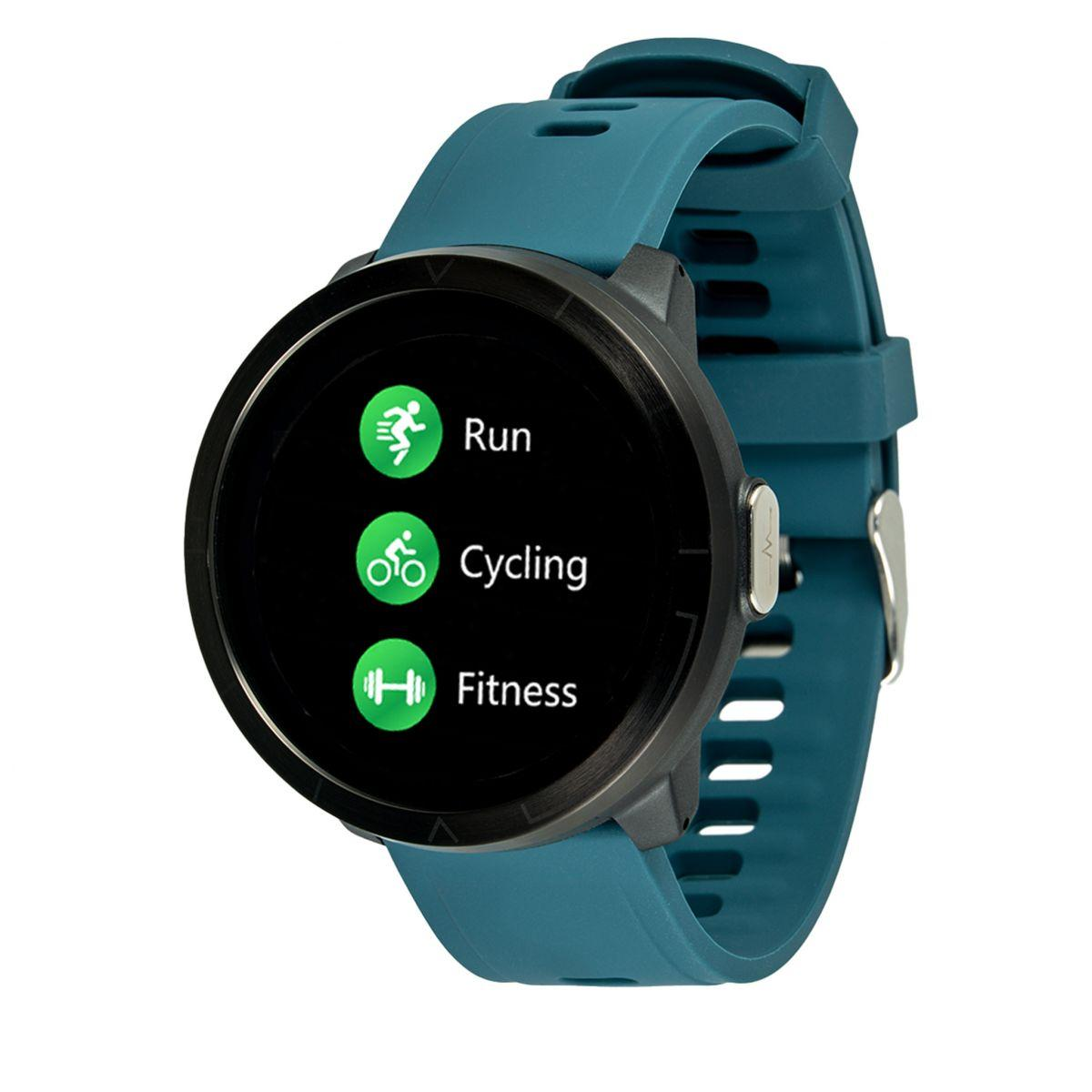 Turkusowy smartwatch pokazujący ikony Bieganie, Jazda na rowerze i Fitness.