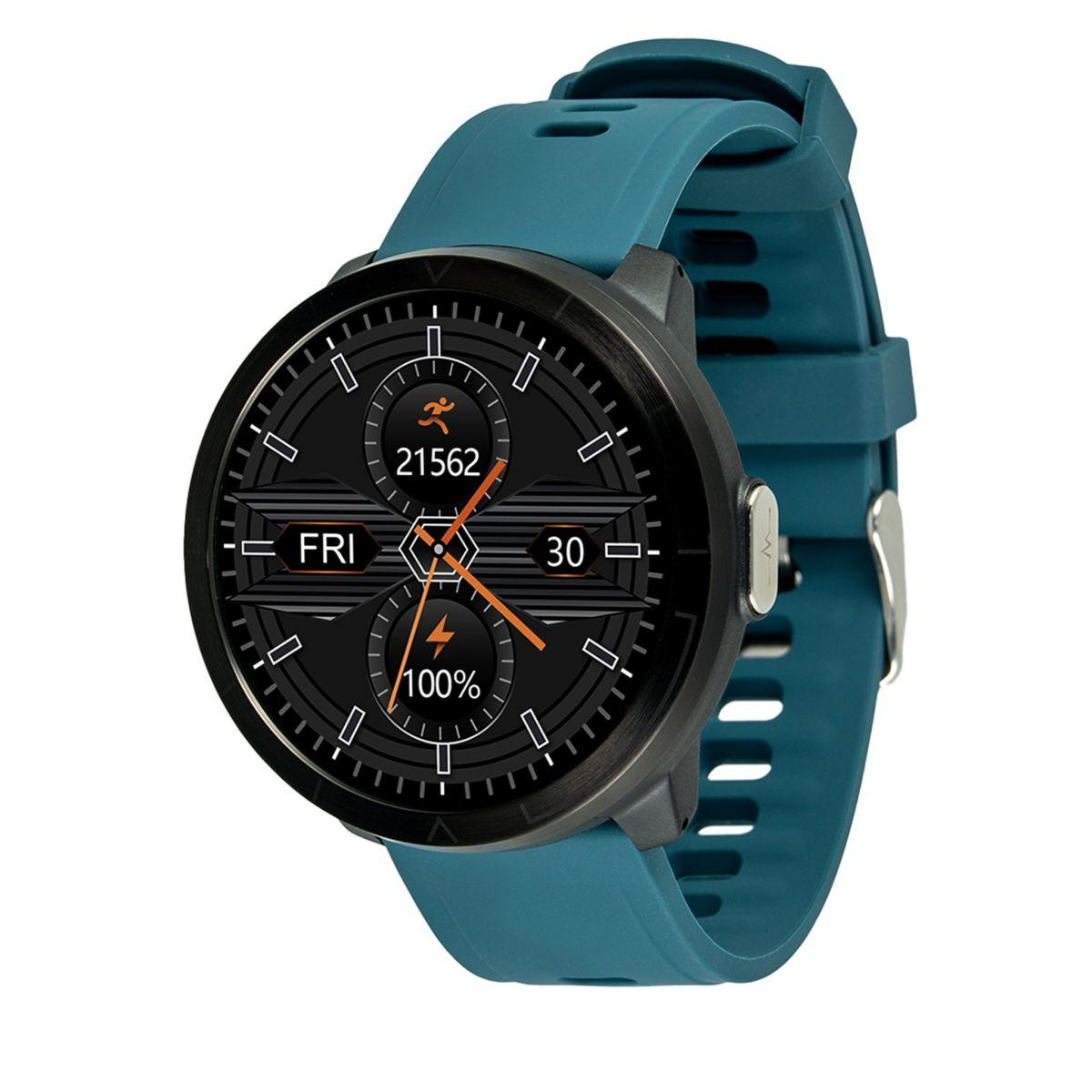 Czarny smartwatch z niebieskim paskiem, pokazujący czas i dane.