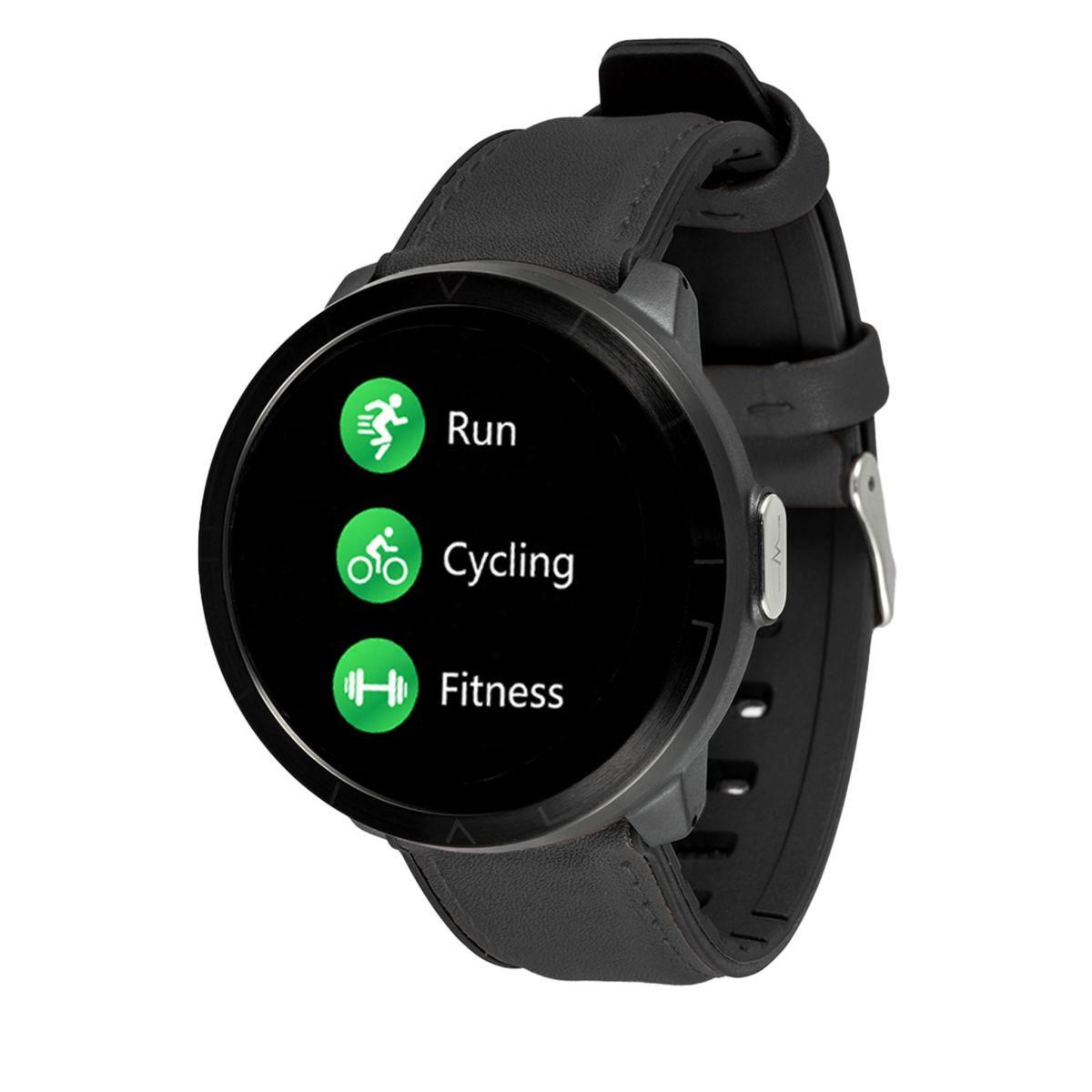 Czarny smartwatch z ikonami biegania, jazdy na rowerze i fitness na ekranie.