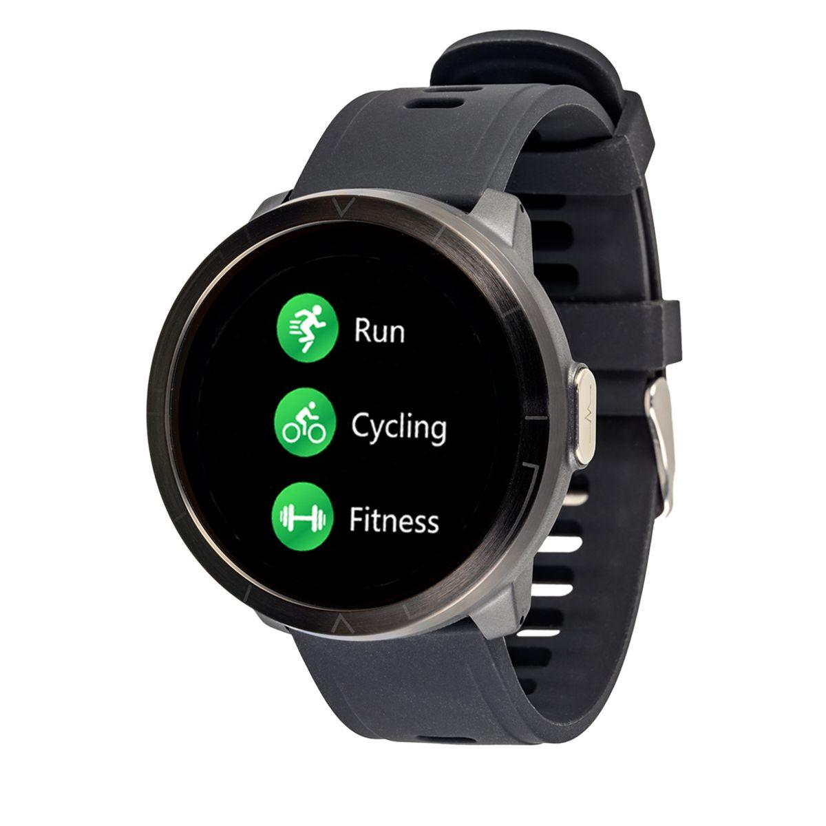 Ciemnoszary smartwatch wyświetlający ikony biegania, jazdy na rowerze i fitness. Czarny pasek. Białe tło.