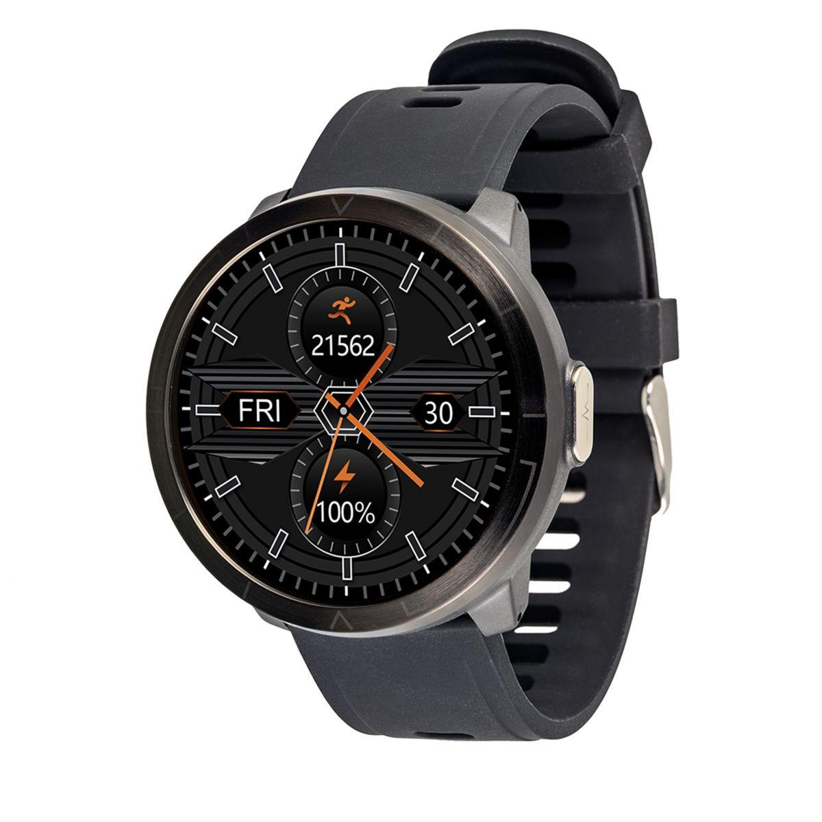 Smartwatch z czarnym paskiem i tarczą. Wyświetlacz pokazuje różne wskaźniki aktywności i czas.