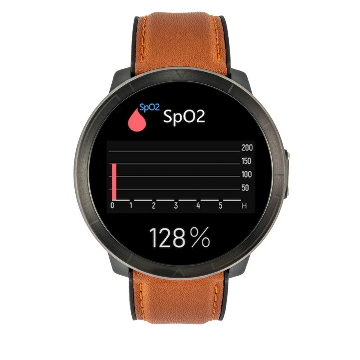 Czarny smartwatch z brązowym skórzanym paskiem, wyświetla odczyt SpO2 128%.