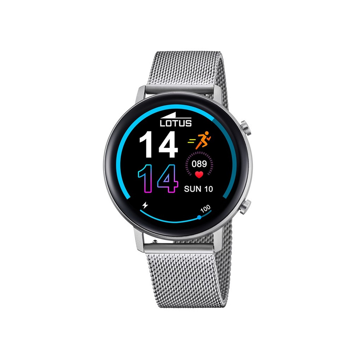 Srebrny smartwatch z czarnym ekranem pokazującym czas i dane fitness.