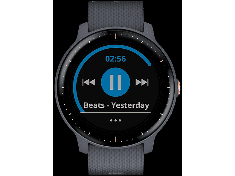 GARMIN VIVOACTIVE 3 MUSIC Smartwatch Silikon, 127-204 mm (Handgelenkumfang), Granitblau/Silikon/ Roségold