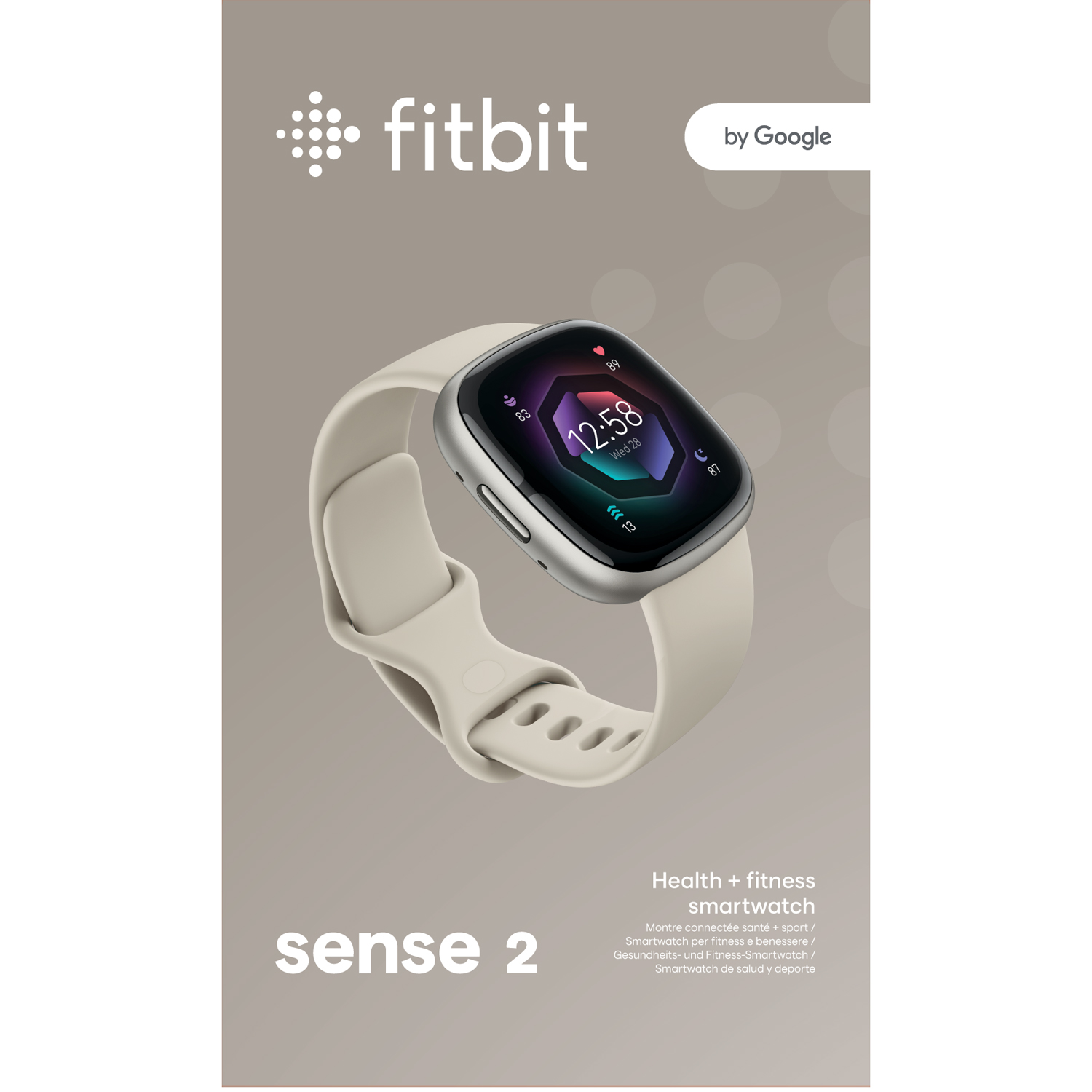 Smartwatch Fitbit Sense 2. Zegarek jest srebrny z kremowym paskiem. Tekst brzmi 'sense 2'.