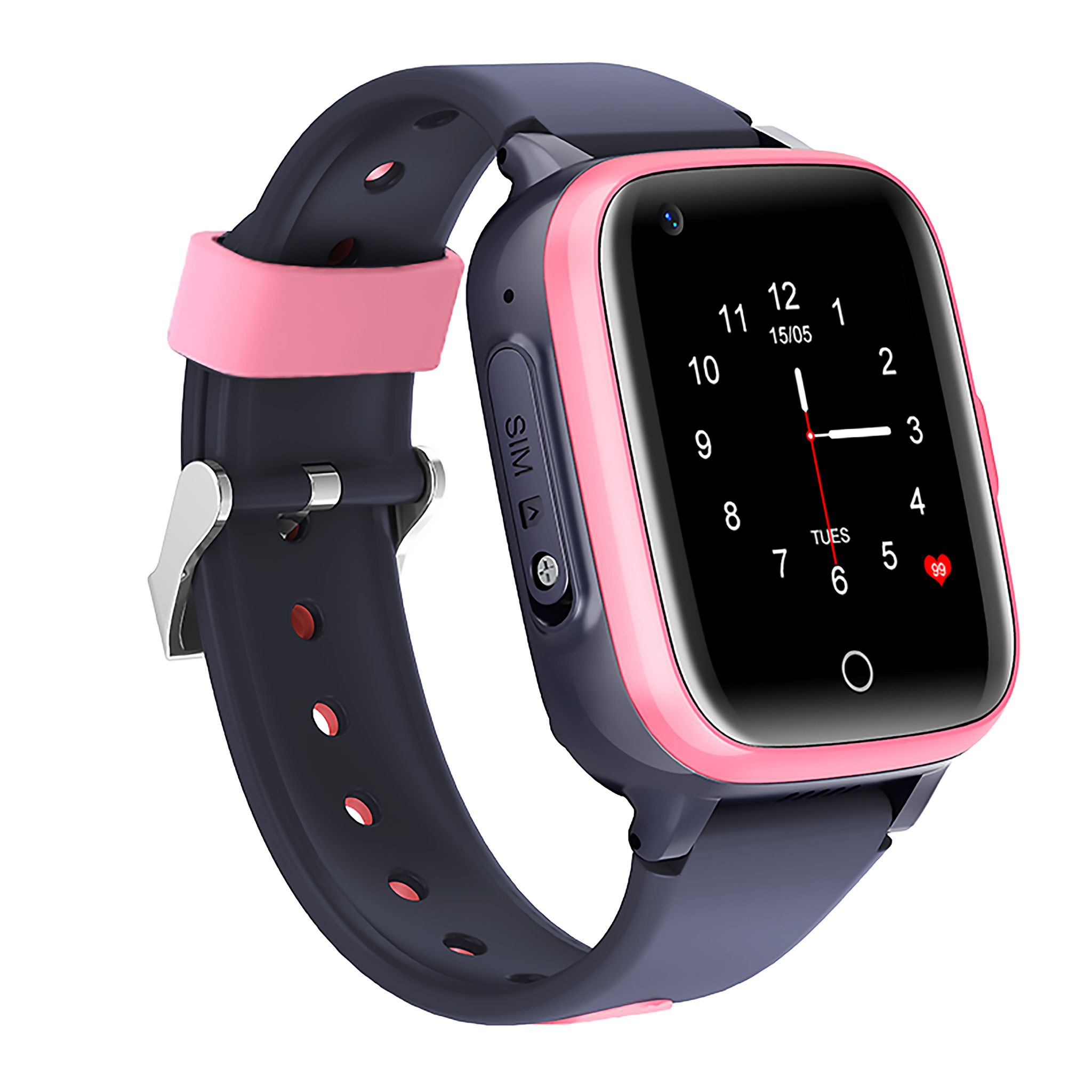 Smartwatch rosa e blu con display nero. Sfondo bianco.