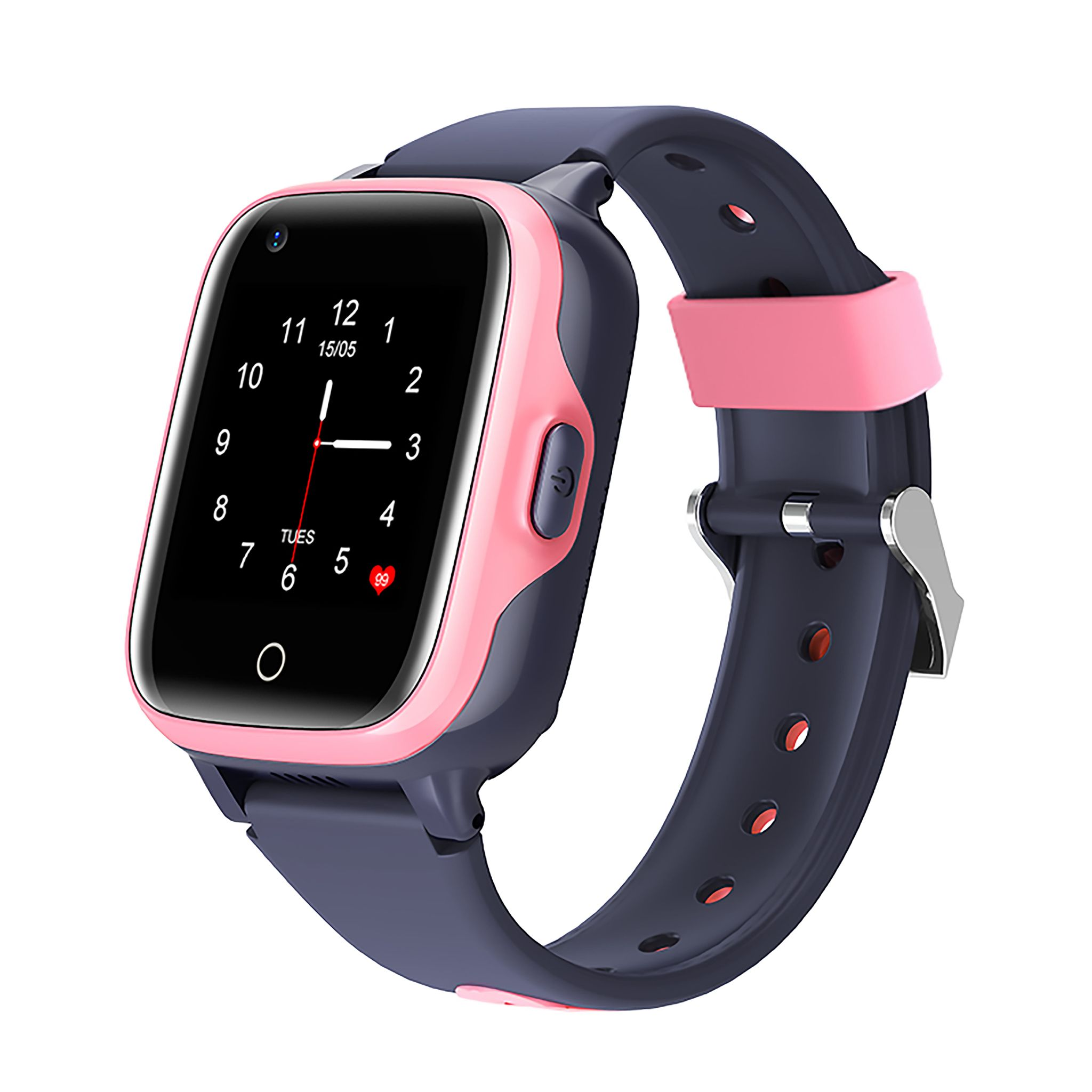 Uno smartwatch con cinturino rosa e blu scuro. Lo schermo mostra l'ora e un'icona a forma di cuore.