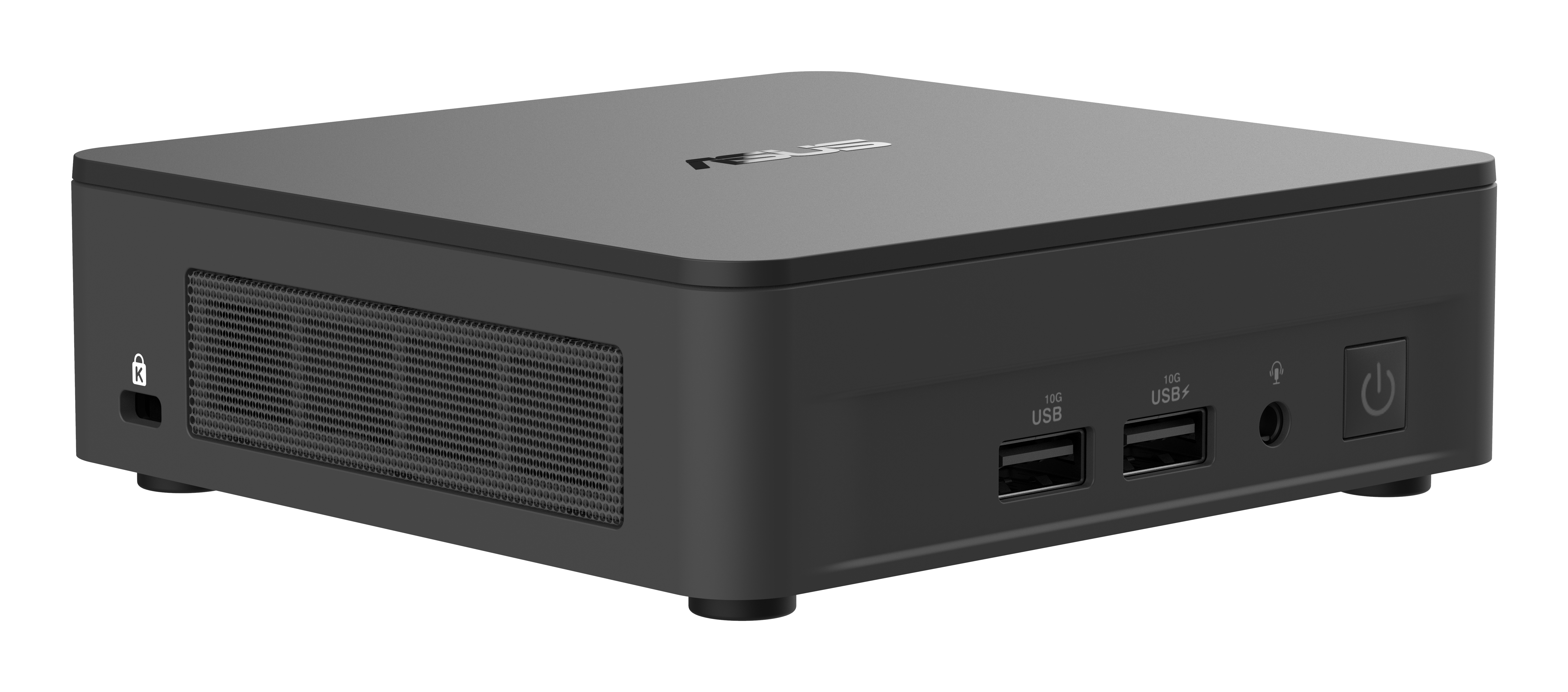 Czarny mini PC. Przednie porty USB, przycisk zasilania. Białe tło.