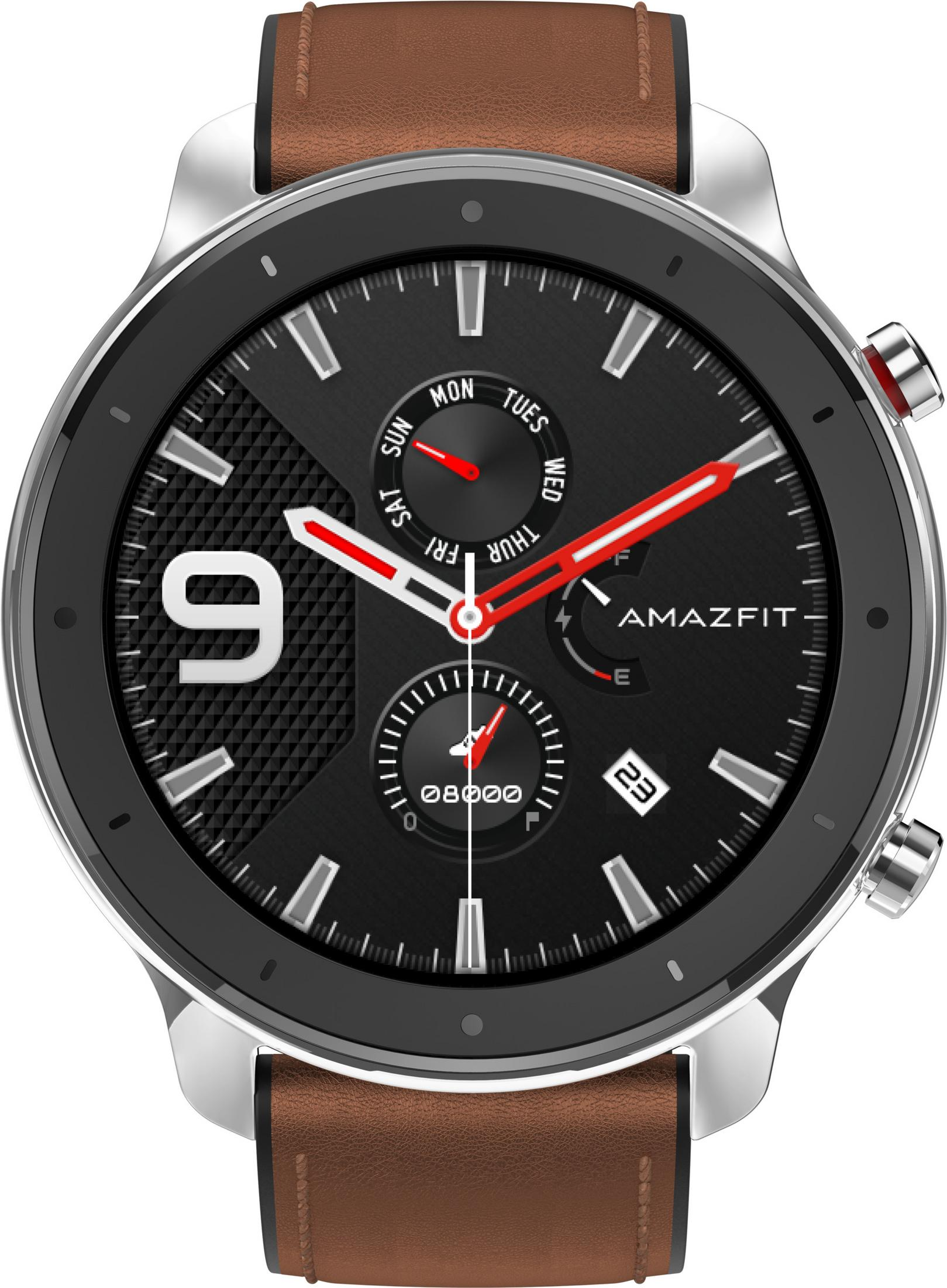 Smartwatch mit braunem Lederarmband und schwarzem Zifferblatt mit roten Akzenten.