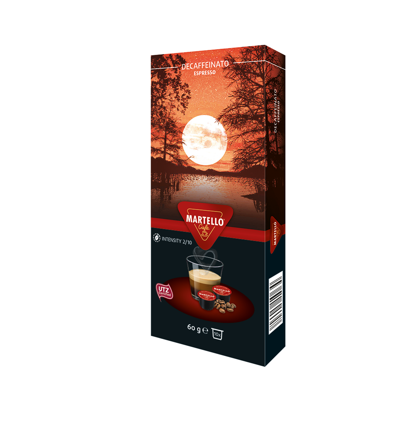 Kaffeekapselbox mit Landschaftsbild, Kaffeetasse und Kaffeebohnen.