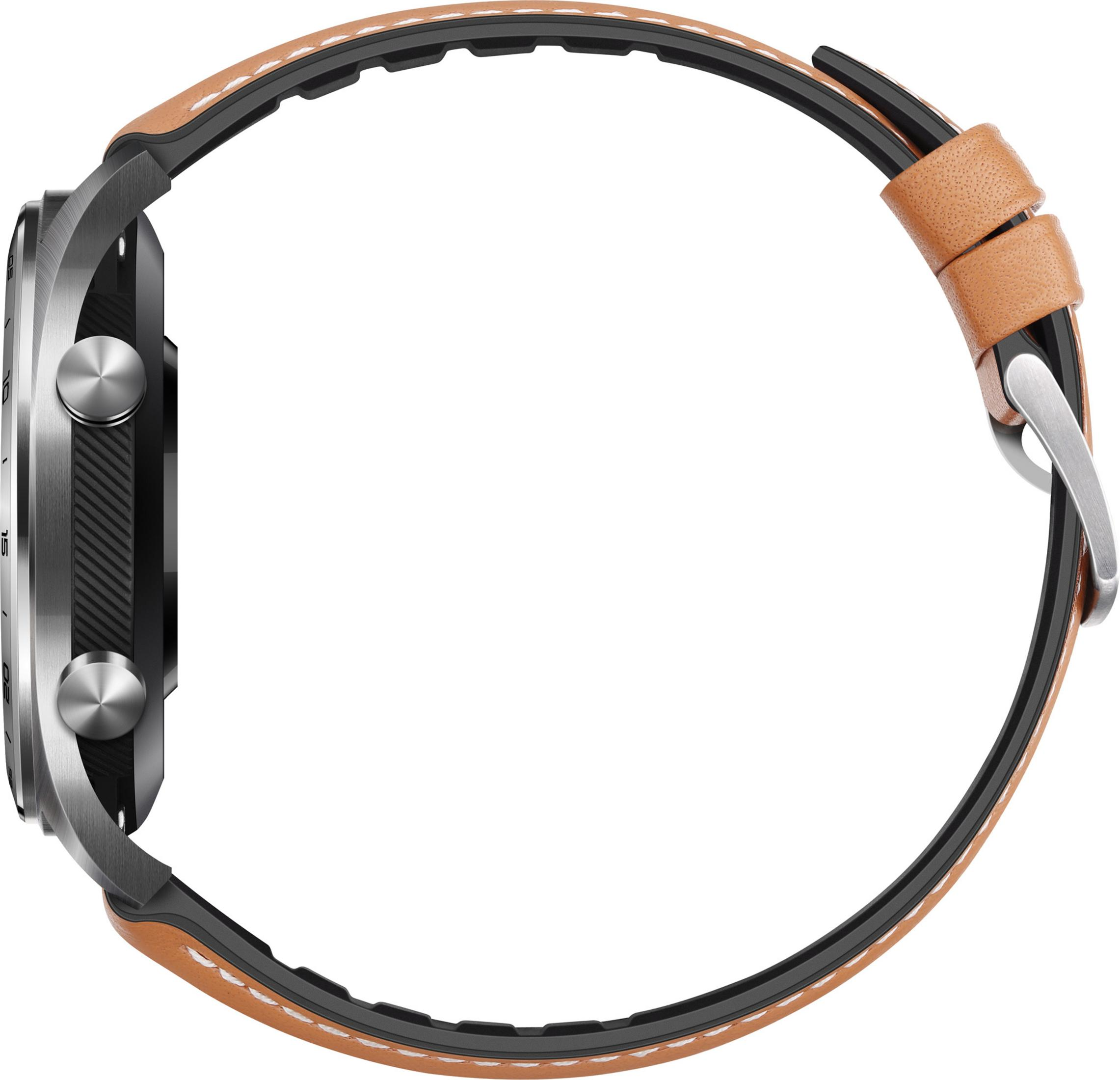 Seitenansicht einer Smartwatch mit braunem Lederarmband. Silbernes Metallgehäuse. Schwarzes Zifferblatt.