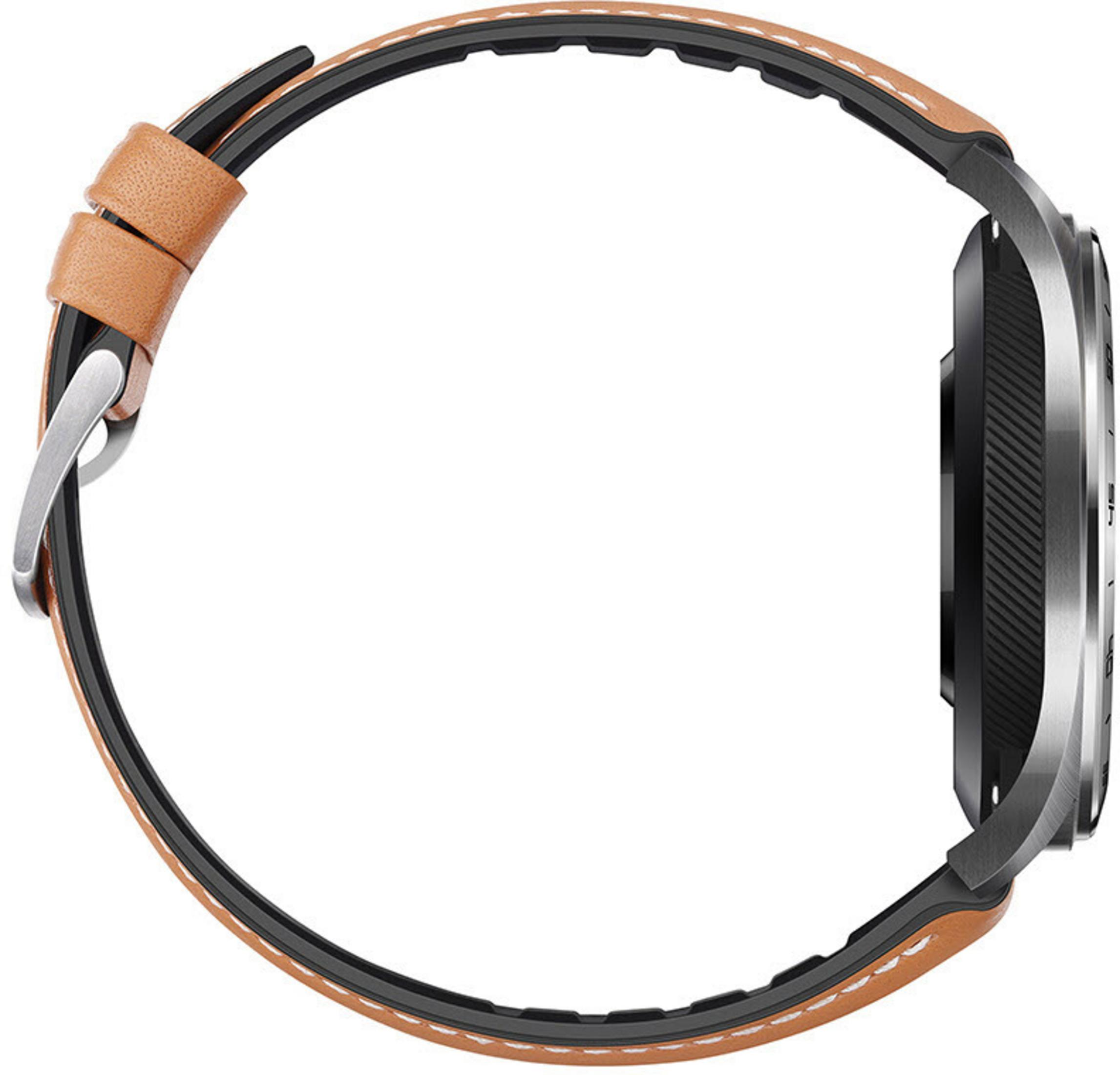 Seitenansicht einer Smartwatch mit braunem Lederarmband. Schwarze Lünette, silbernes Gehäuse.