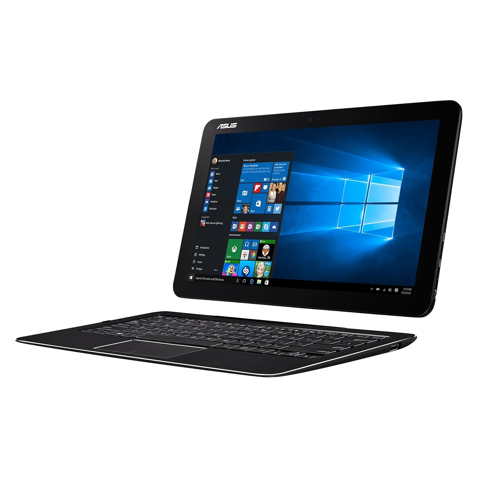 Laptop nero con tastiera staccabile. Lo schermo mostra l'interfaccia Windows.