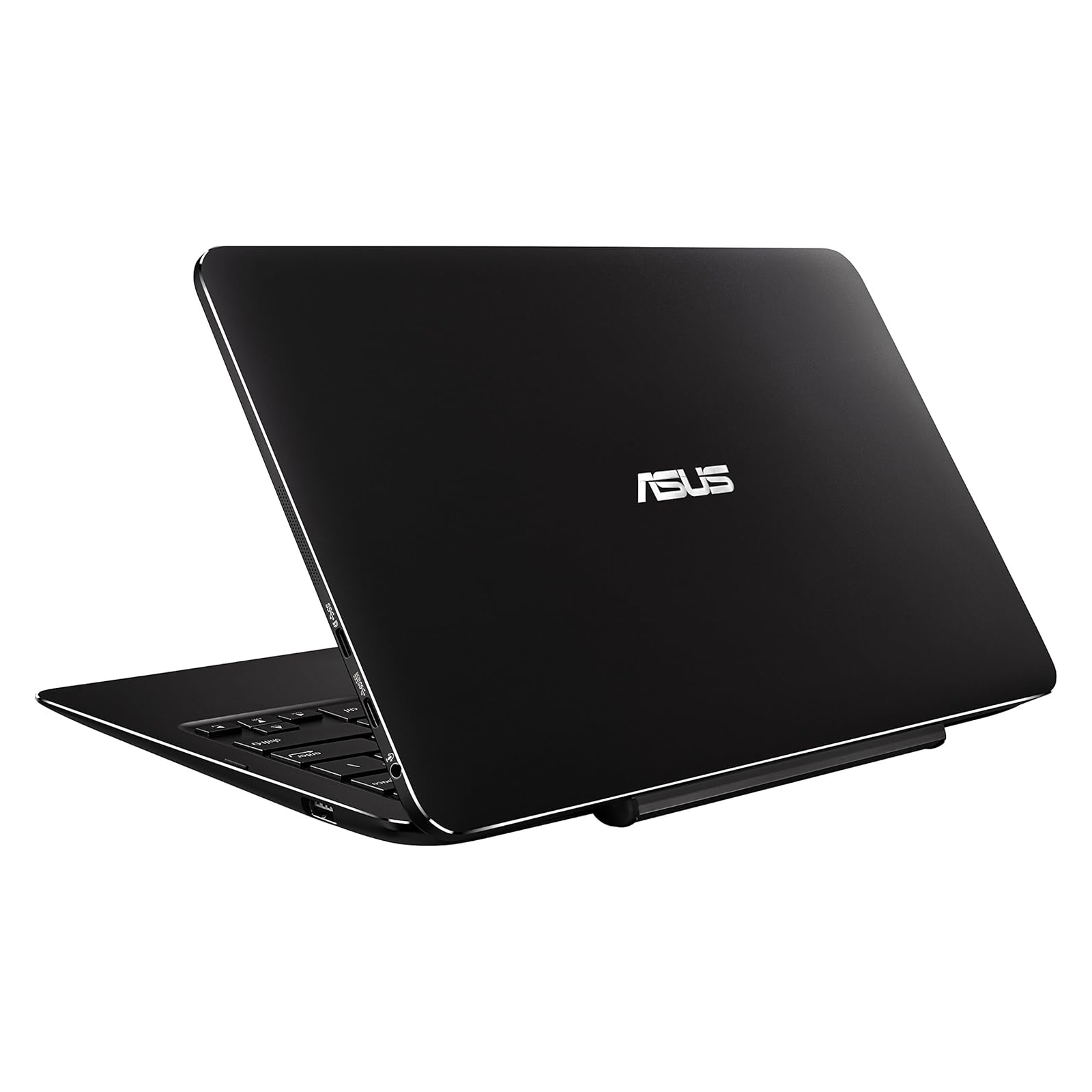 Laptop nero con il logo ASUS sul retro. Lo schermo è aperto ad angolo. Sfondo bianco.