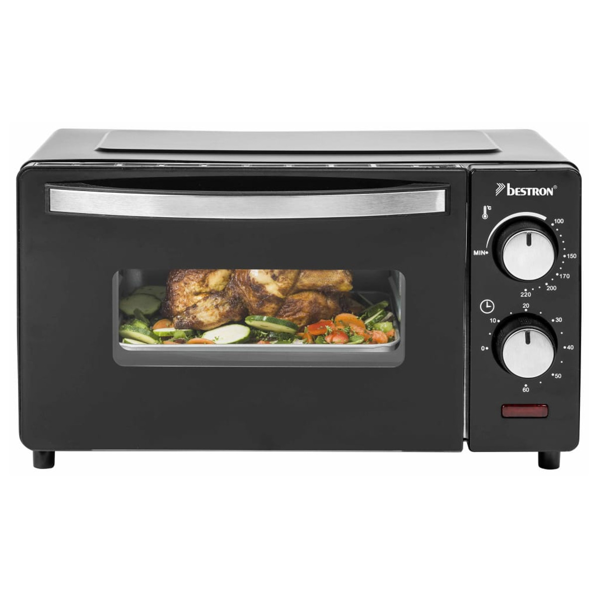 Czarny piekarnik Bestron. Ma szklane drzwi, pokrętła i tacę z ugotowanym jedzeniem.