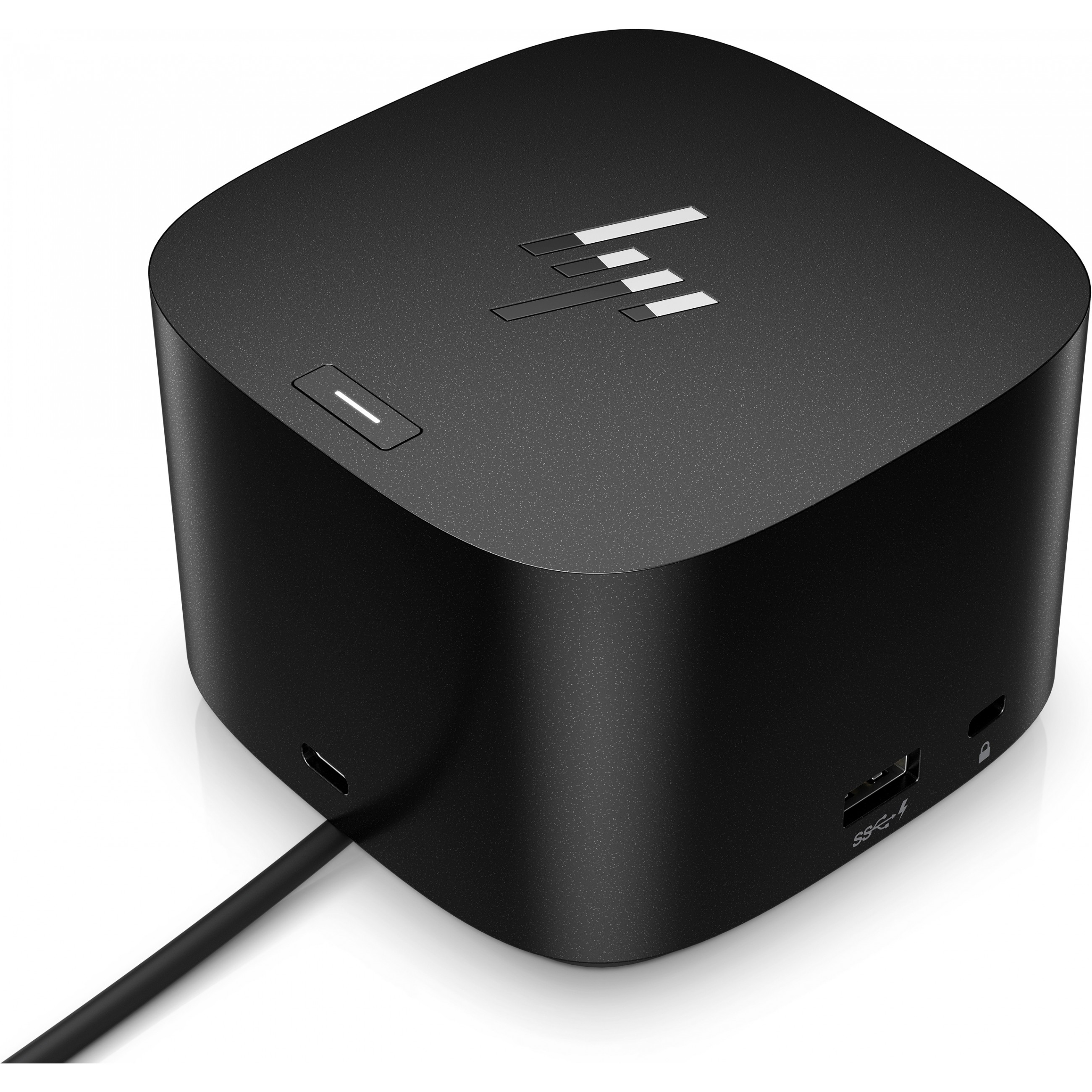 Dispositivo negro cuadrado con botón de encendido, puertos y el logotipo de HP arriba.