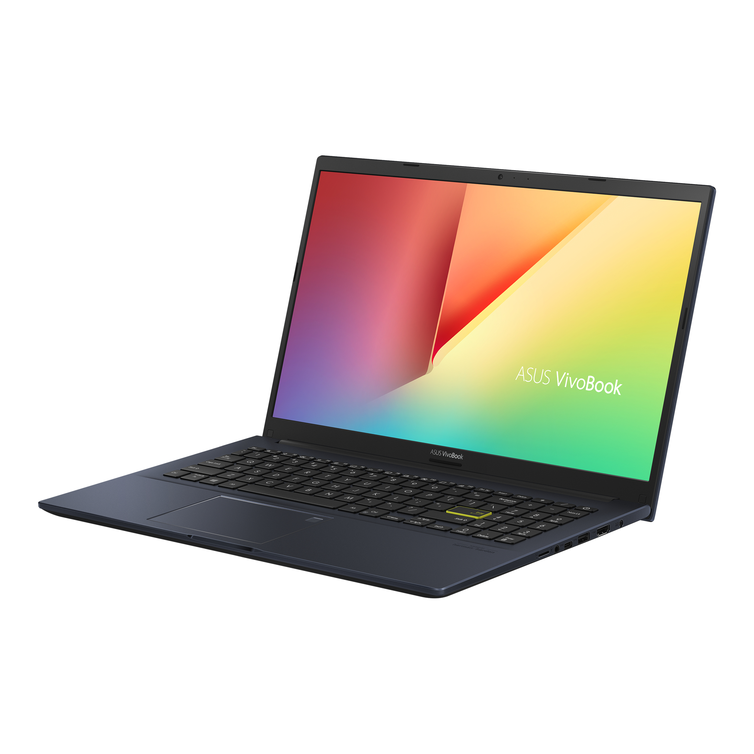 Un laptop blu scuro aperto ad angolo su una superficie bianca.