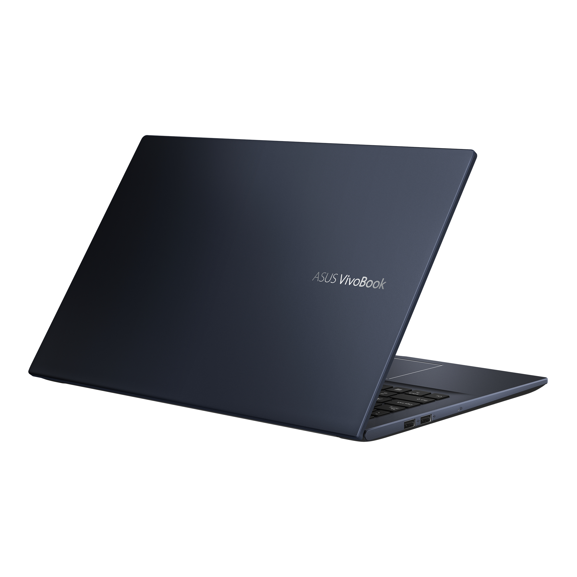 Laptop con coperchio blu. Lo schermo è aperto. Sfondo bianco.