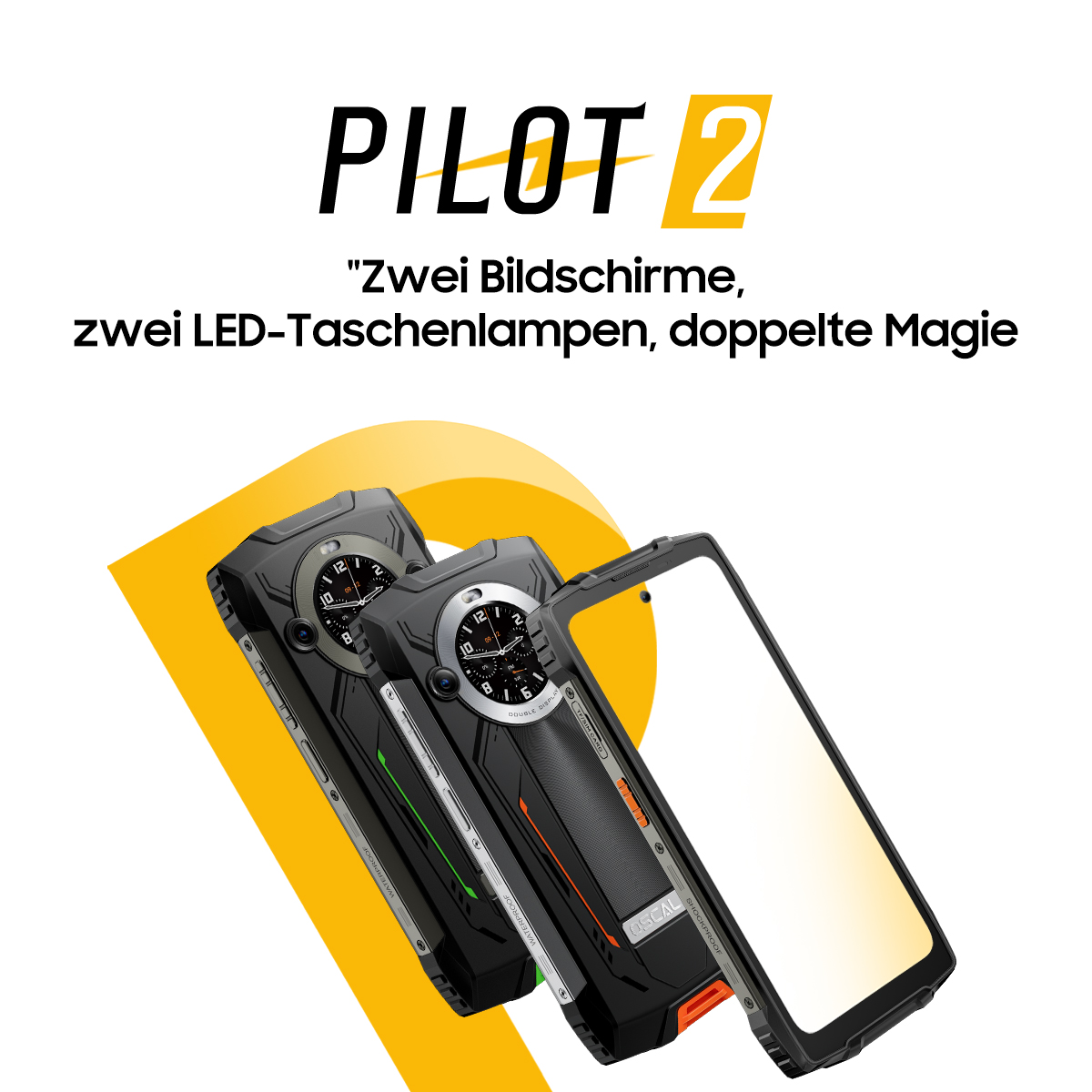 Zwei schwarze Smartphones mit uhrartigen Displays. Text lautet 'Pilot 2'. Der Hintergrund ist weiß, mit gelben Streifen. Die Marke ist OSCAL.