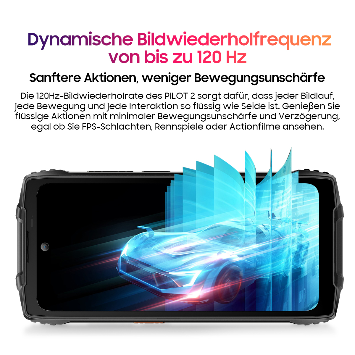 Ein schwarzes Telefon zeigt eine blaue Autografik mit Text über 120Hz Bildwiederholfrequenz und flüssige Aktionen.