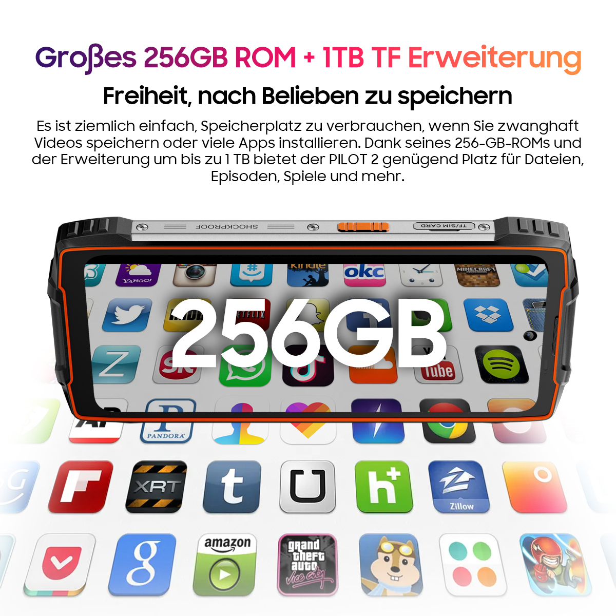 Ein Smartphone mit einem Bildschirm, der App-Symbole und den Text "256GB" anzeigt. Der Text oben lautet: "256GB ROM + 1TB TF Erweiterung".