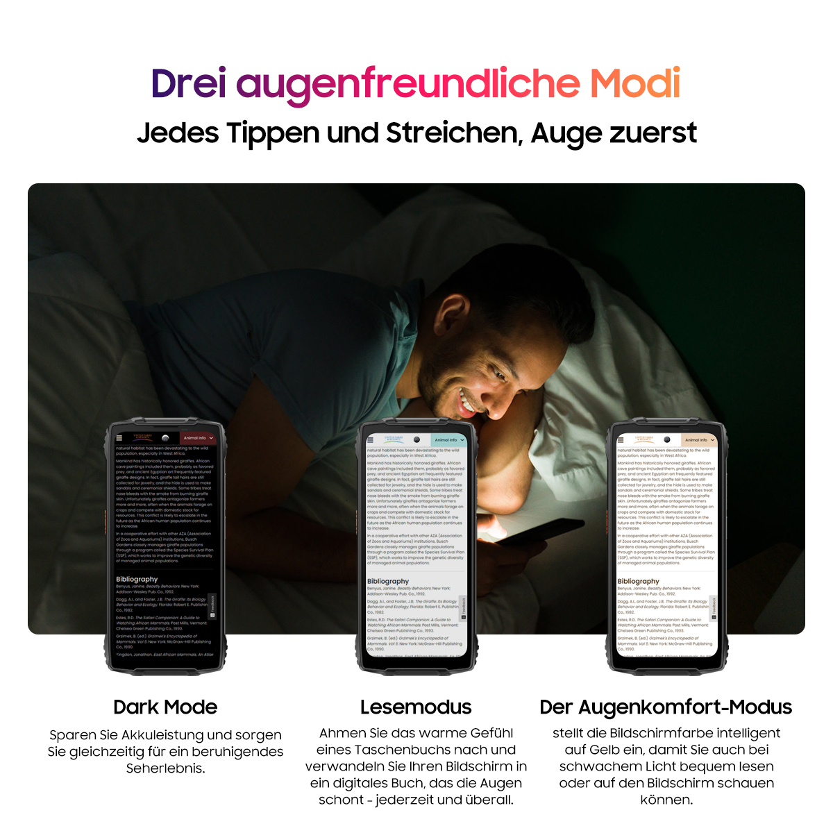 Ein Mann im Bett liest auf einem Telefon. Text beschreibt den Dunkelmodus, den Lesemodus und den Augenkomfort.