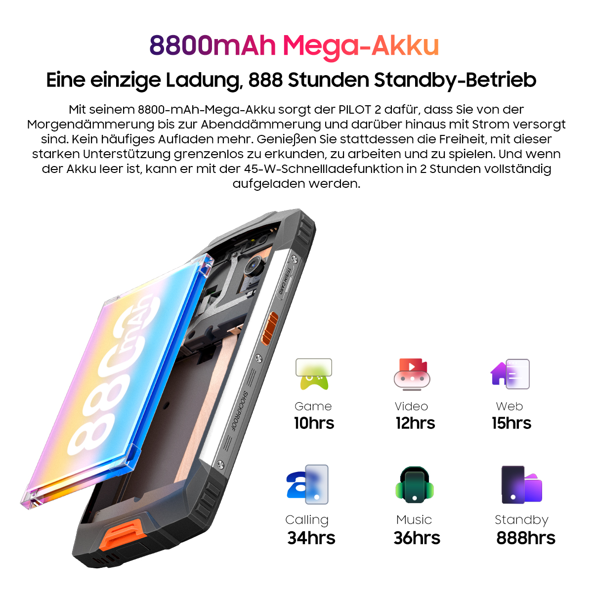 Ein Smartphone mit großem Akku wird gezeigt. Text zeigt, dass es 8800 mAh hat und 888 Stunden im Standby-Modus hält.