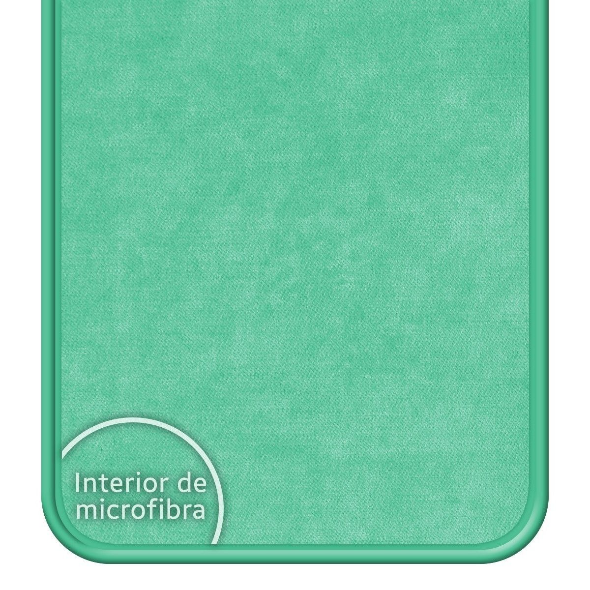 Una funda de teléfono con interior de microfibra verde azulado y marco verde azulado. Rectangular.
