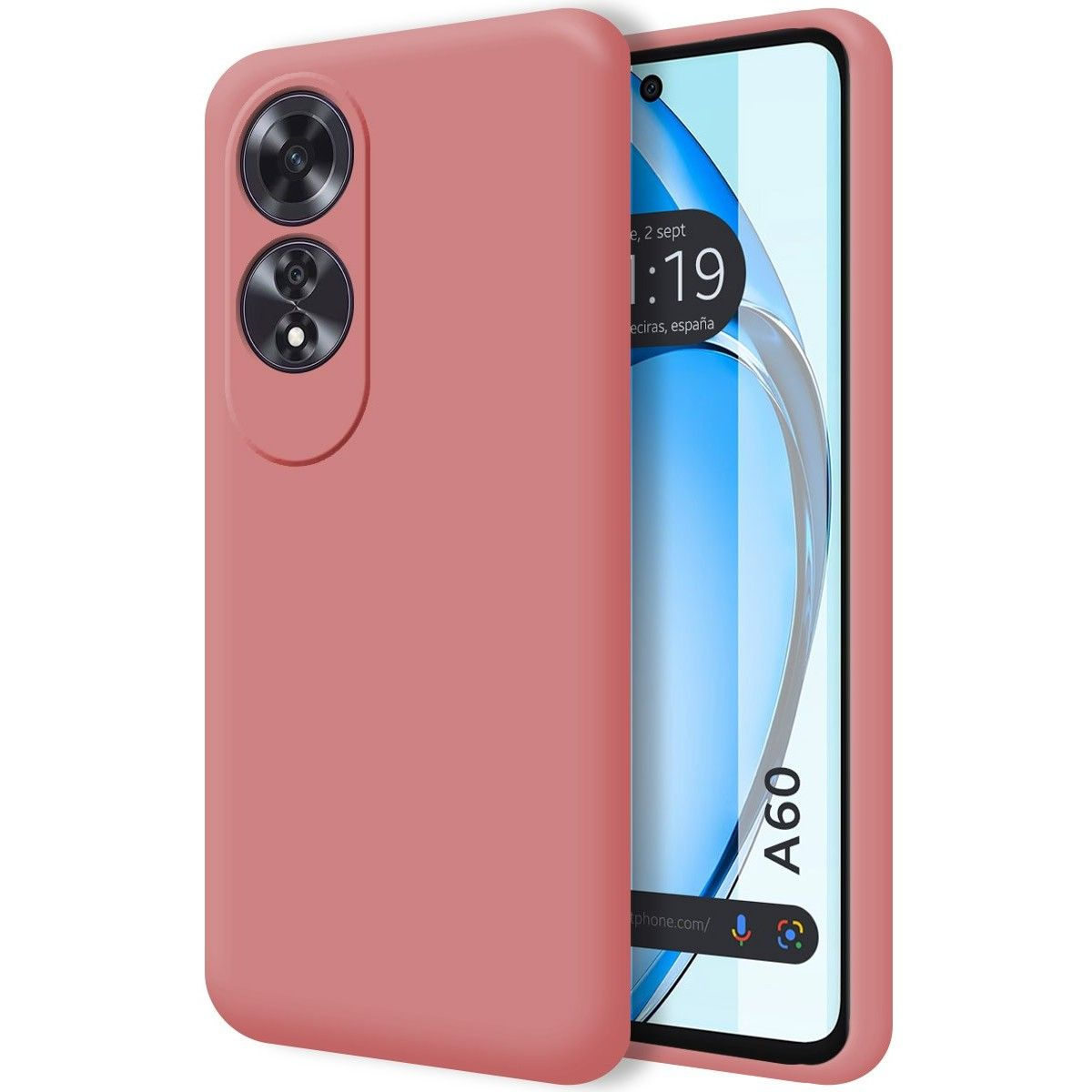 Custodia rosa per telefono con fotocamera a doppia lente, che copre un telefono.