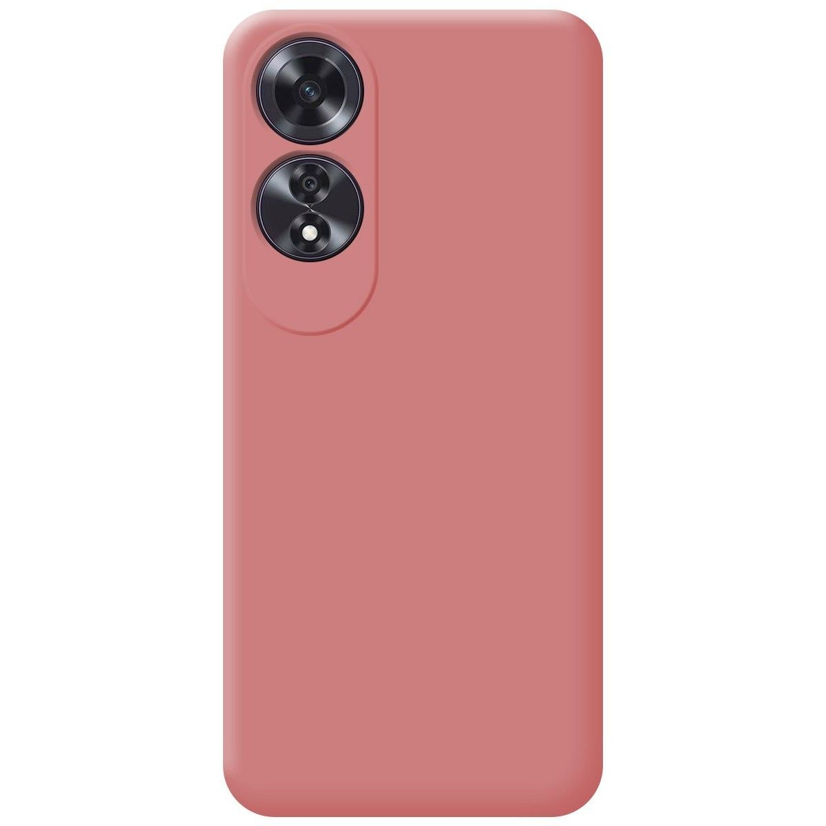 Una custodia per telefono di colore rosa pieno, con due lenti della fotocamera sul retro.